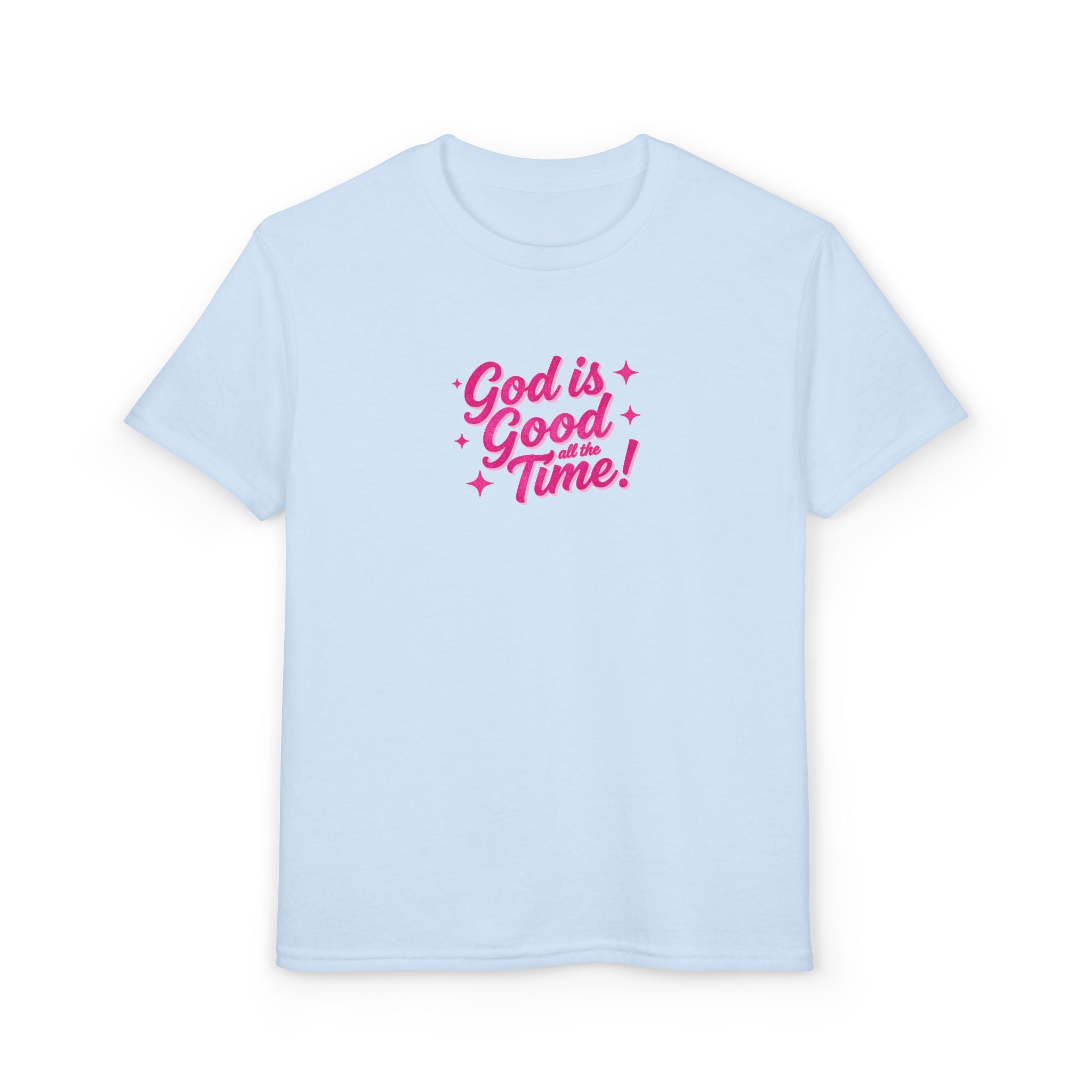 Youth T-Shirt — "God Is Good Time!" Pink Script Faith Tee