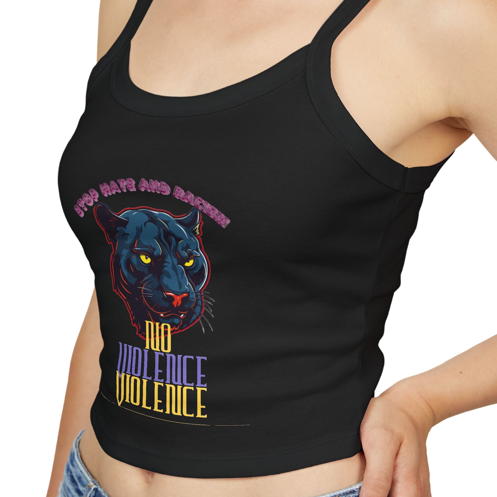 Panther Graphic Crop Tank — "No Violence, No Violence" Women's Spaghetti Strap Tank