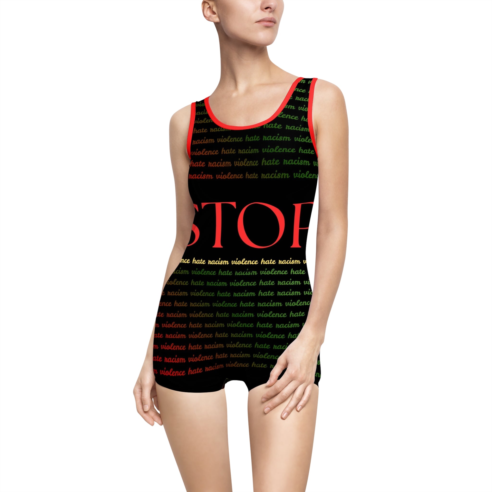 Vintage "Stop Racism" One-Piece Swimsuit — Retro Activist Bathing Suit