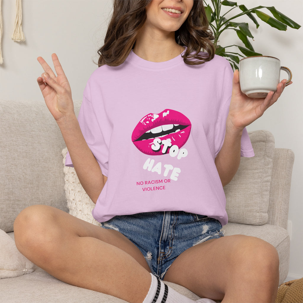 T-Shirt — Pink Lip 'Stop' Graphic Tee (No Racism or Violence)
