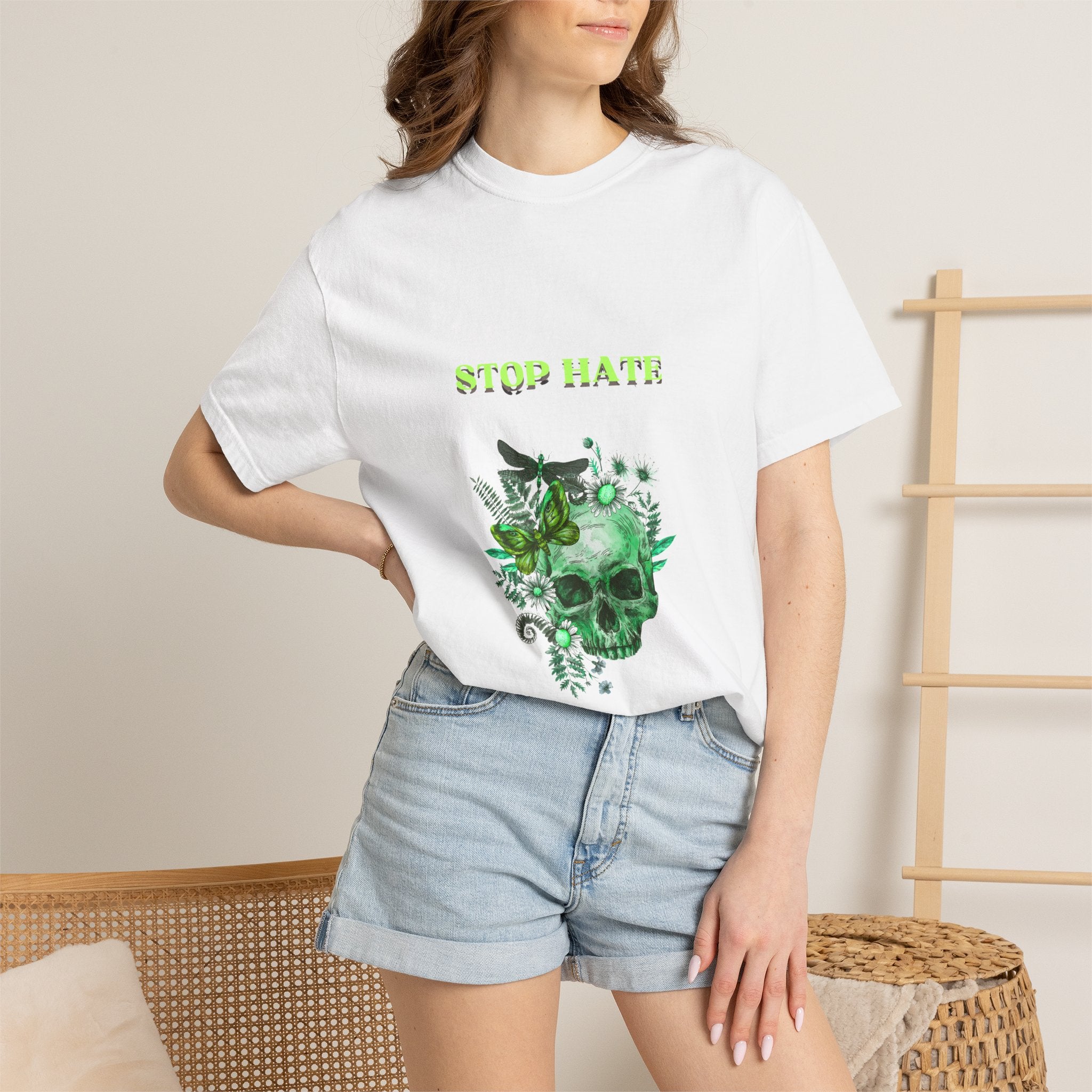 Stop Hate Skull T-Shirt — Green Floral Skull Graphic Tee
