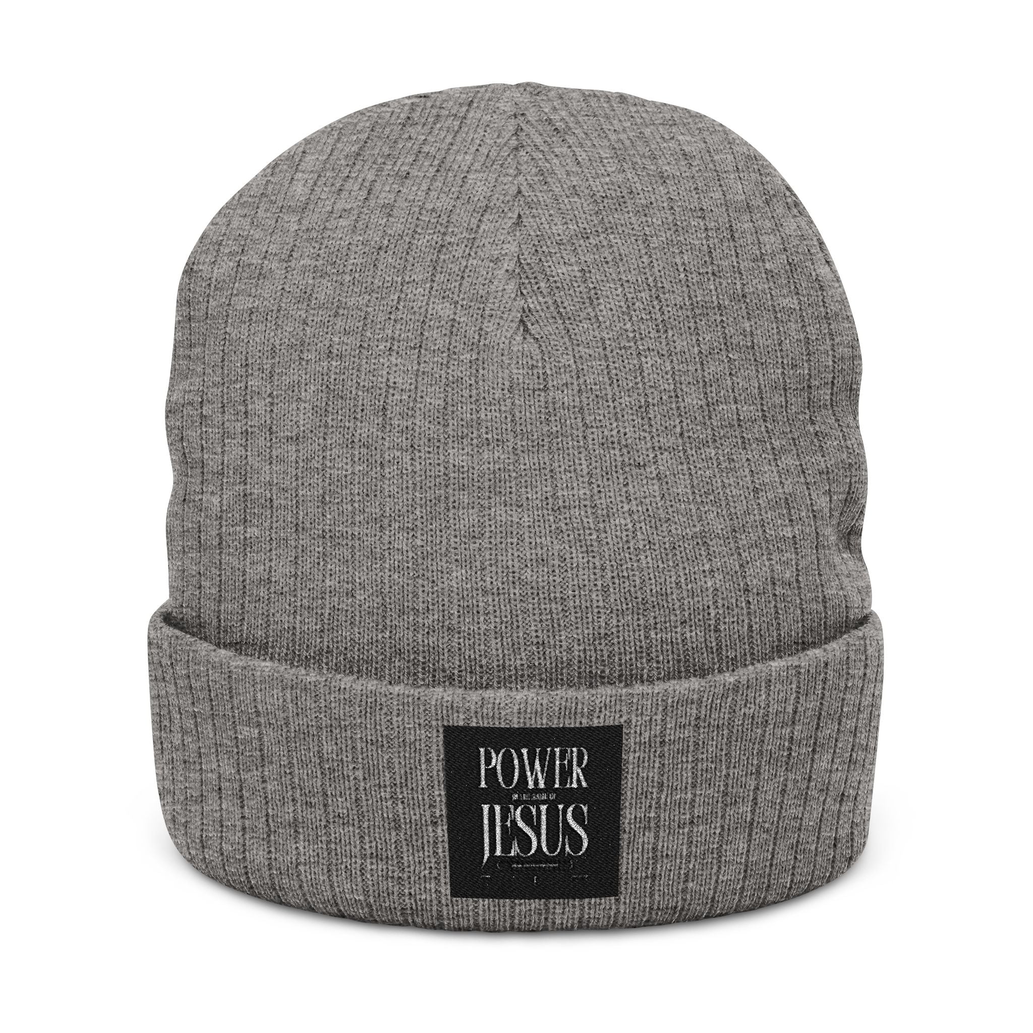Embroidered "POWR JESUS" Ribbed Beanie — Cozy Christian Knit Hat