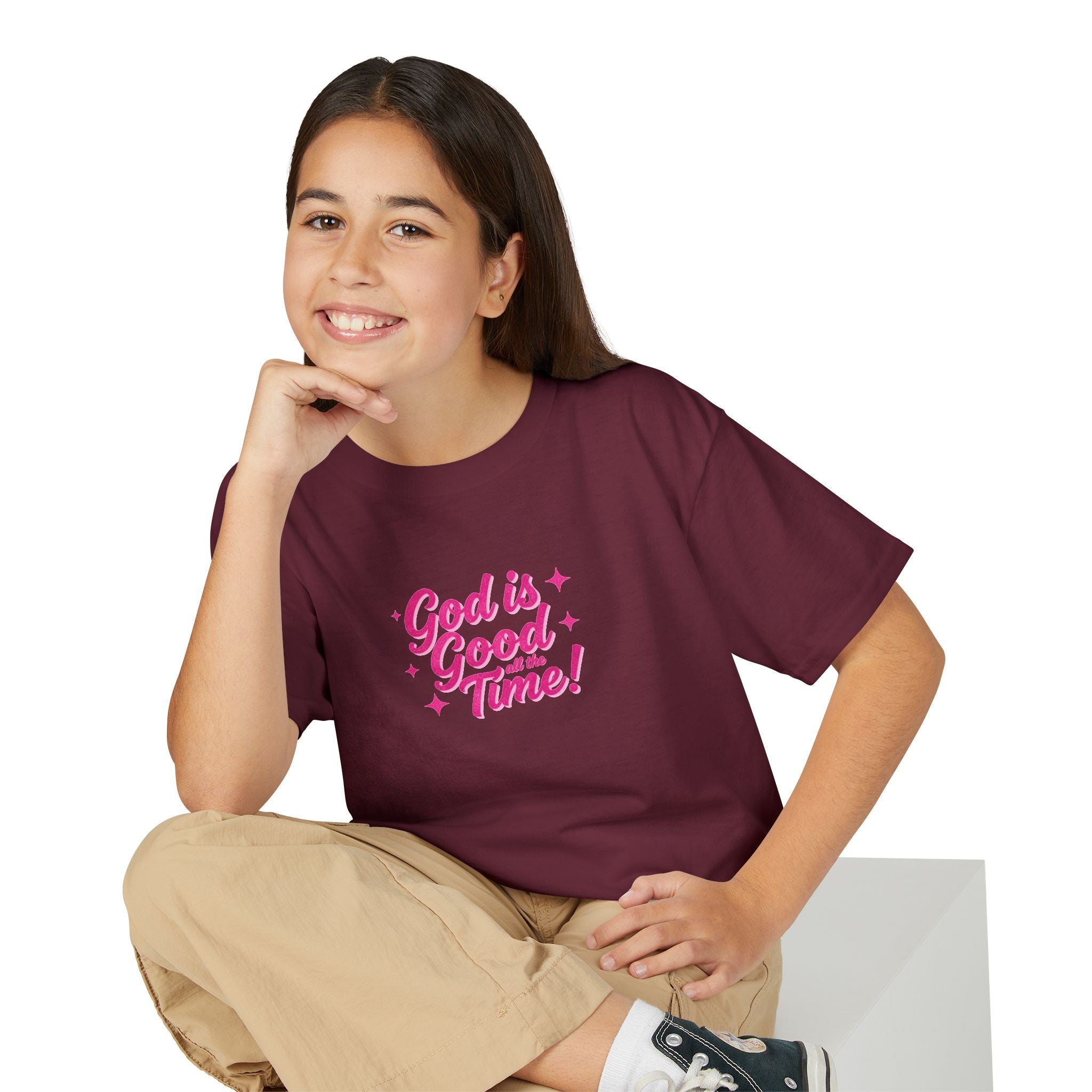 Youth T-Shirt — "God Is Good Time!" Pink Script Faith Tee