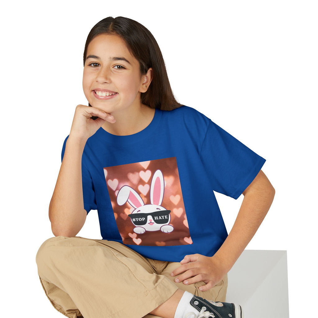 Youth T-Shirt — Cute Bunny with 'Stop the Hate' Sunglasses | Kids Anti-Bullying Tee