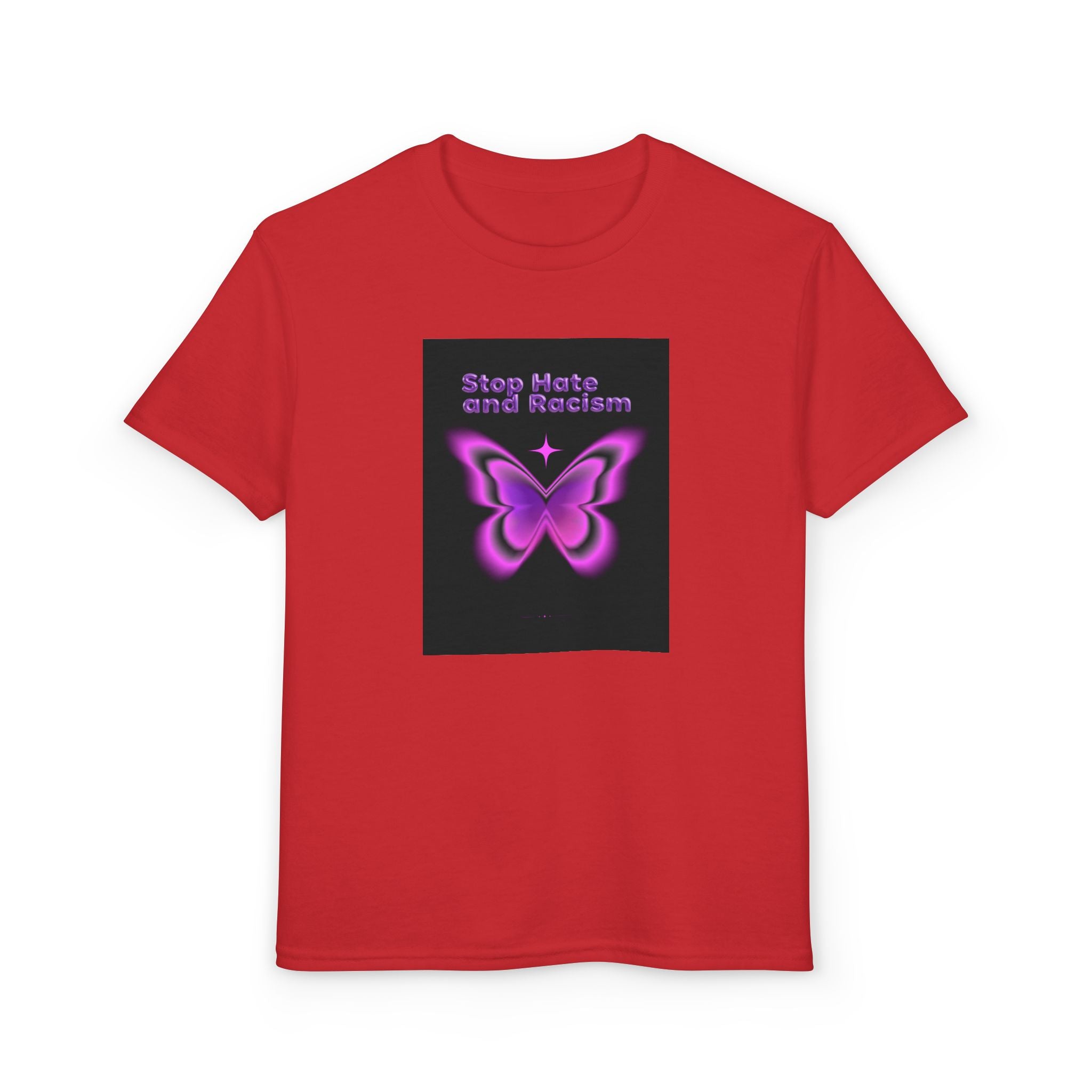 Youth T-Shirt — "Stop Hate and Racism" Pink Butterfly Anti-Racism Tee