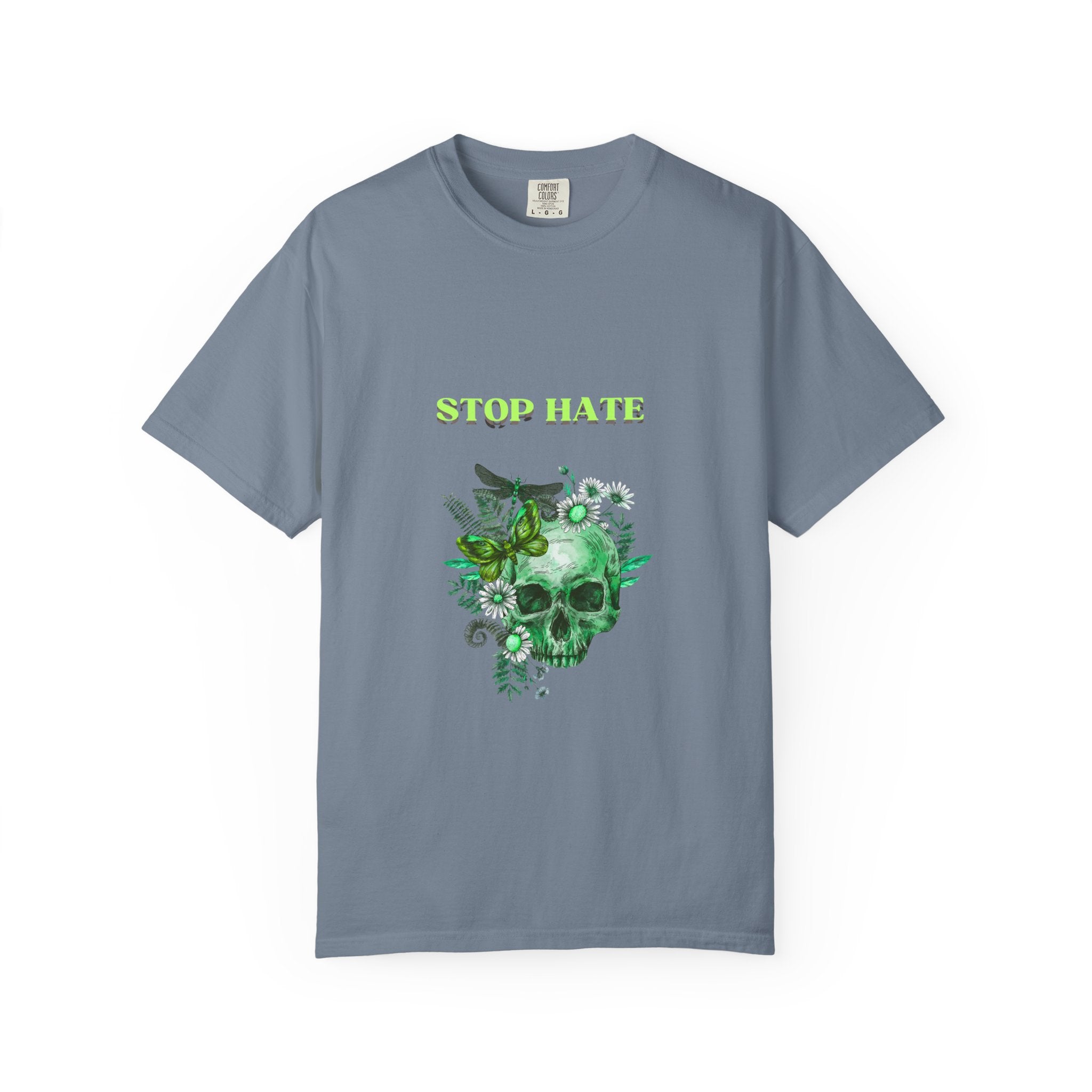 Stop Hate Skull T-Shirt — Green Floral Skull Graphic Tee