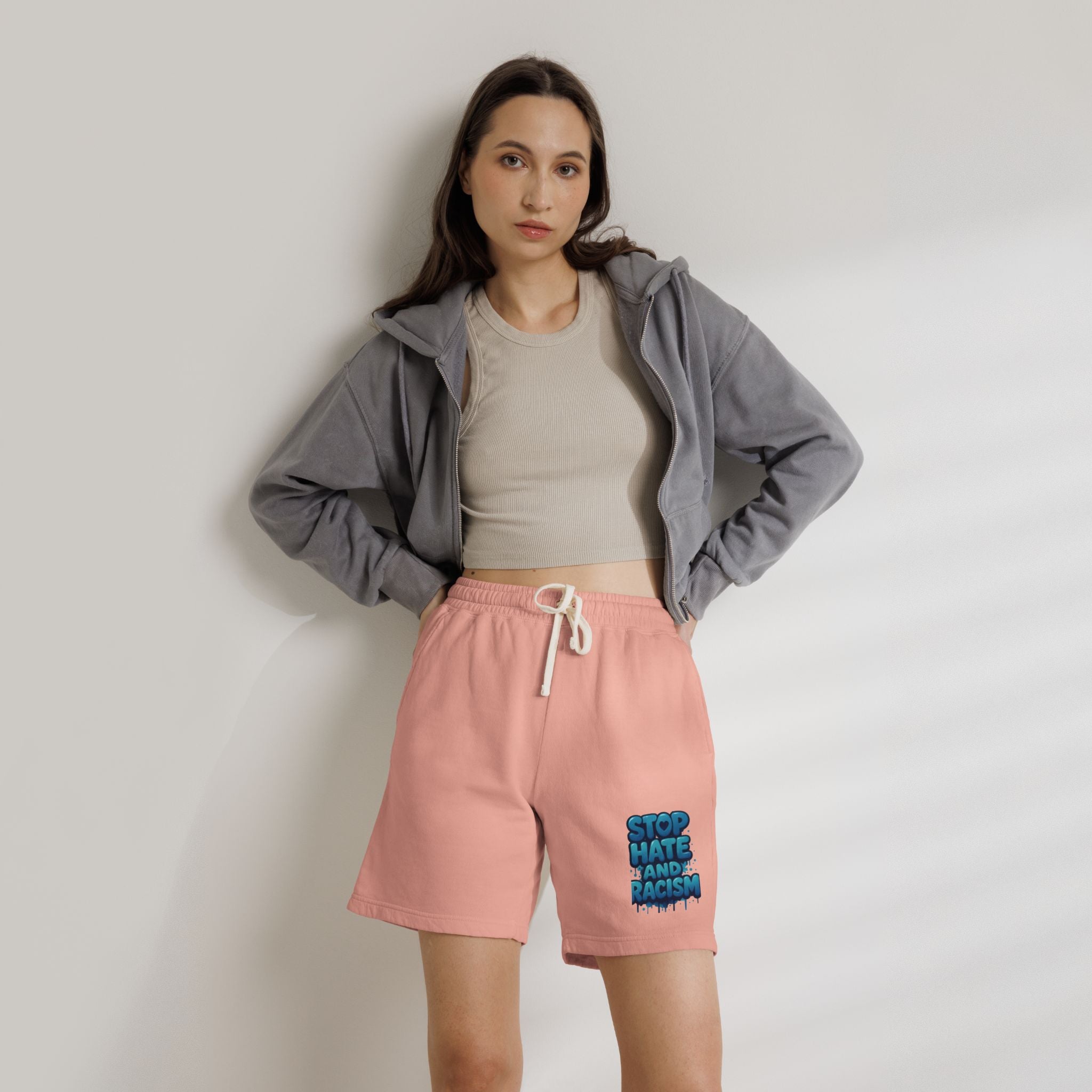 Stop Hate and Racism Fleece Sweat Shorts — Garment-Dyed Lightweight Lounge Shorts