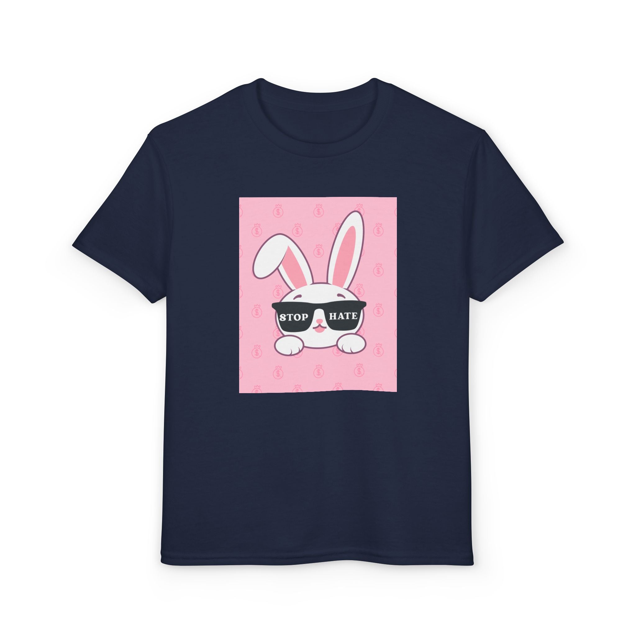 Youth T-Shirt — Pink Bunny Wearing "Stop Hate" Sunglasses Kids Tee