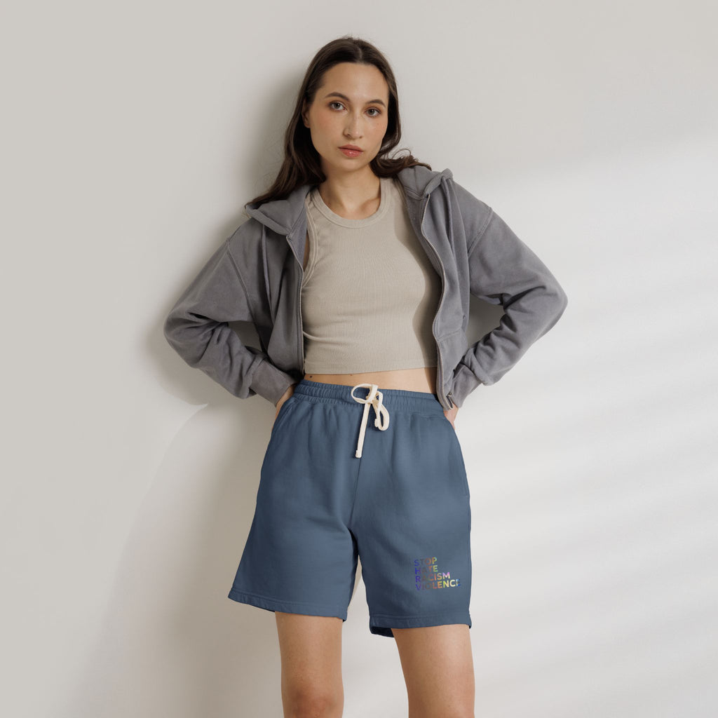 Stop Hate Shorts — Lightweight Fleece Sweat Shorts with "Stop Hate Racism and Violence" Print