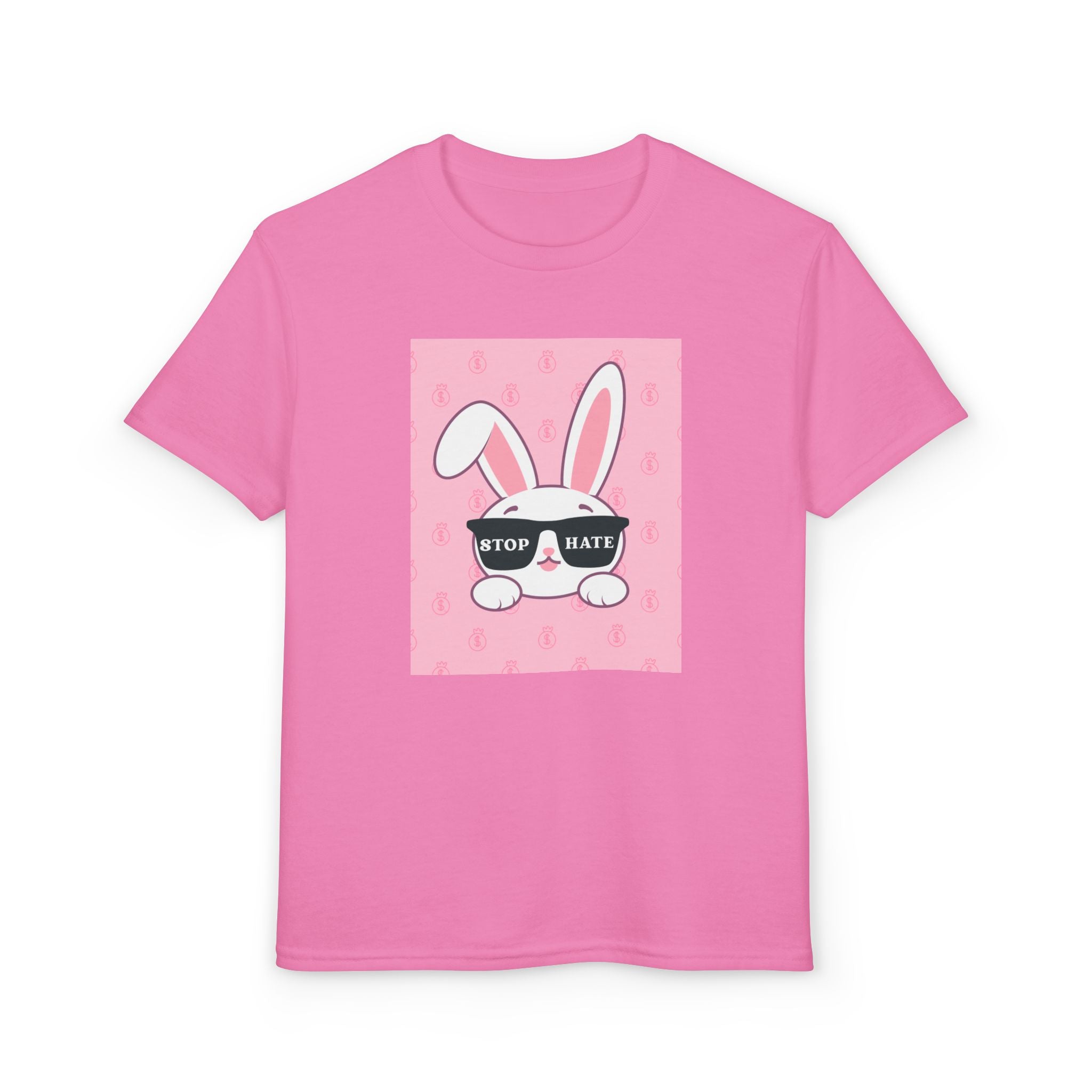 Youth T-Shirt — Pink Bunny Wearing "Stop Hate" Sunglasses Kids Tee