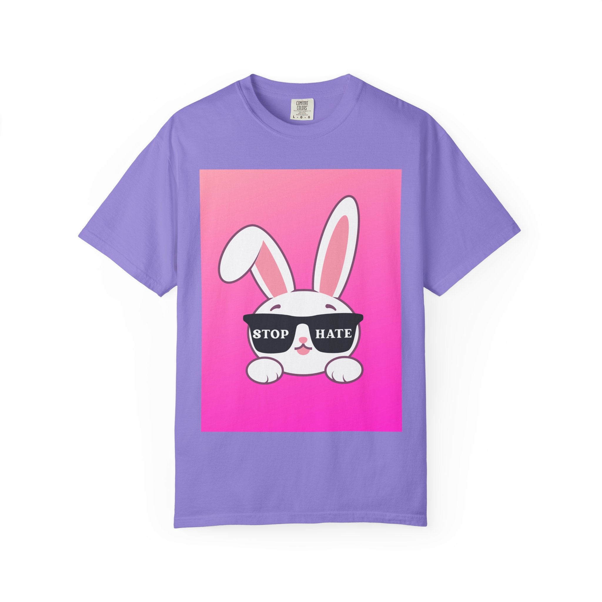 Stop Hate Bunny T‑Shirt — Pink Gradient Anti‑Hate Tee