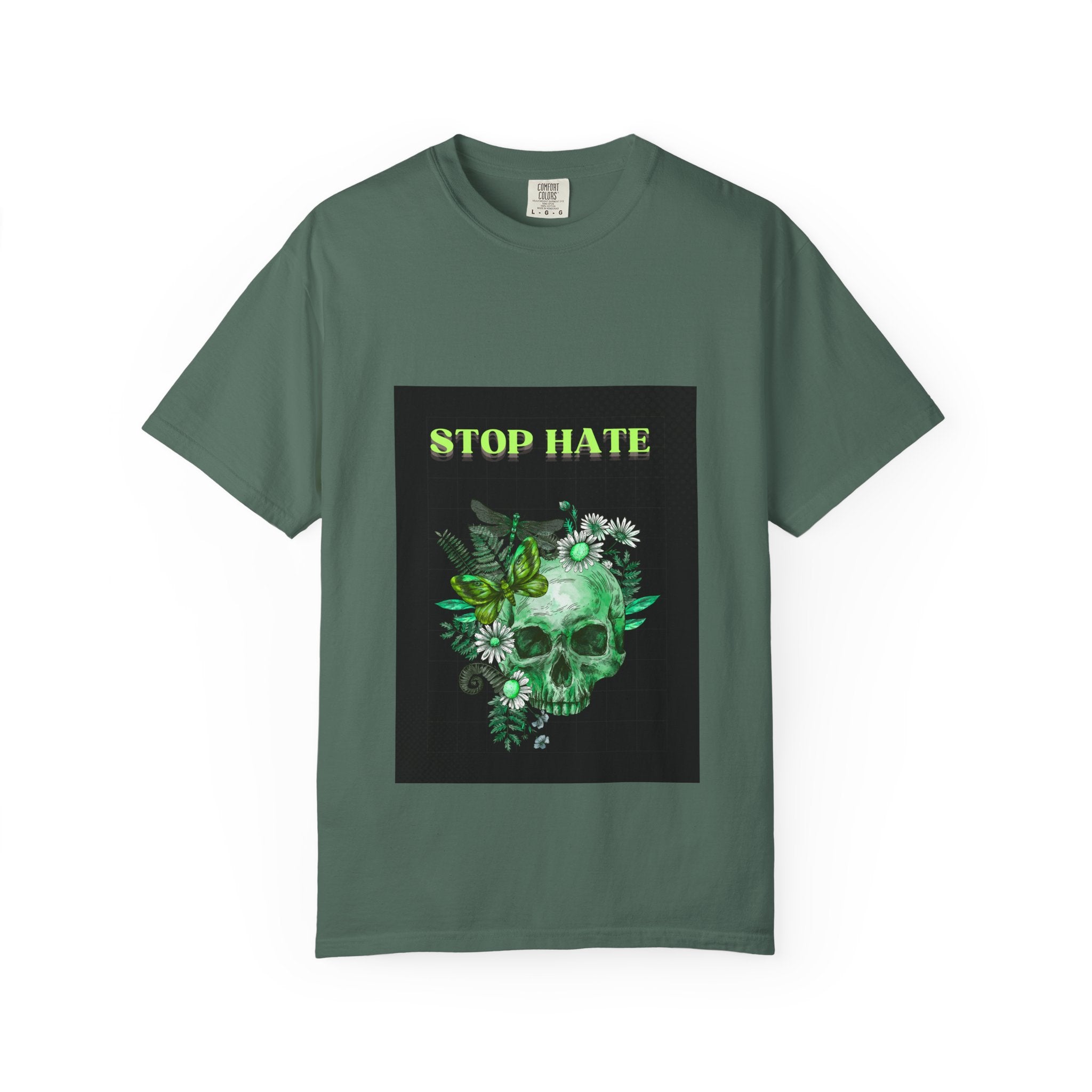 Stop Hate Skull T-Shirt — Green Floral Skull Graphic Tee
