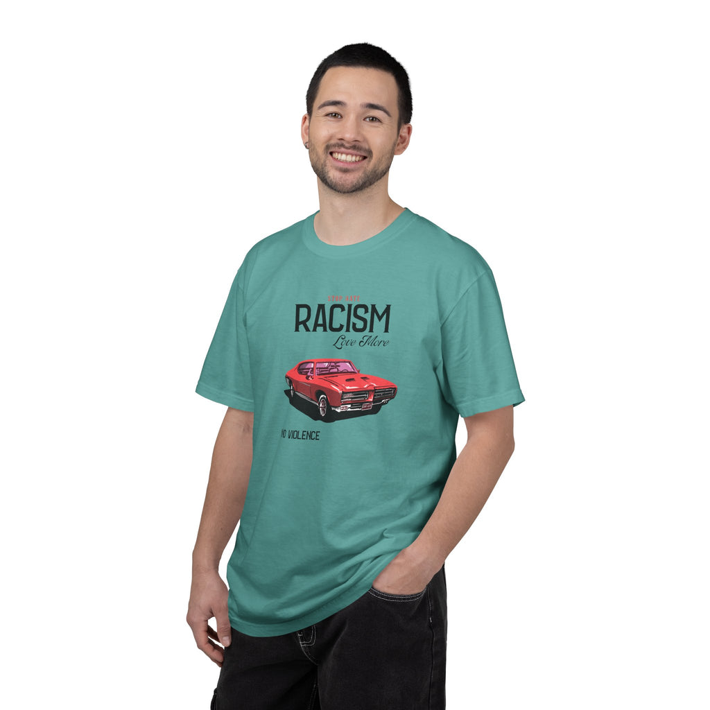 Anti-Racism Graphic T-Shirt — “Stop Hate, Racism, Love More” with Vintage Red Muscle Car