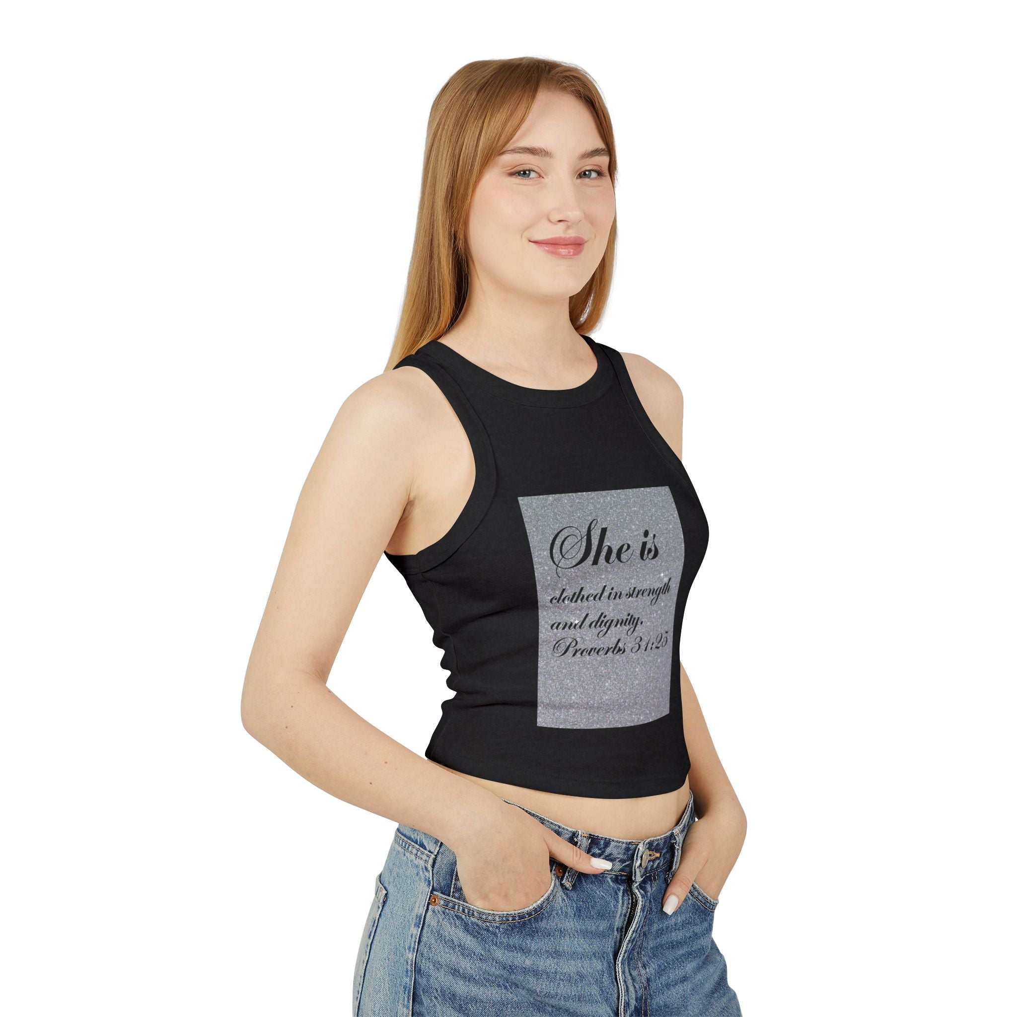 Proverbs 31:25 'She Is Clothed in Strength' Women's Ribbed Racer Tank