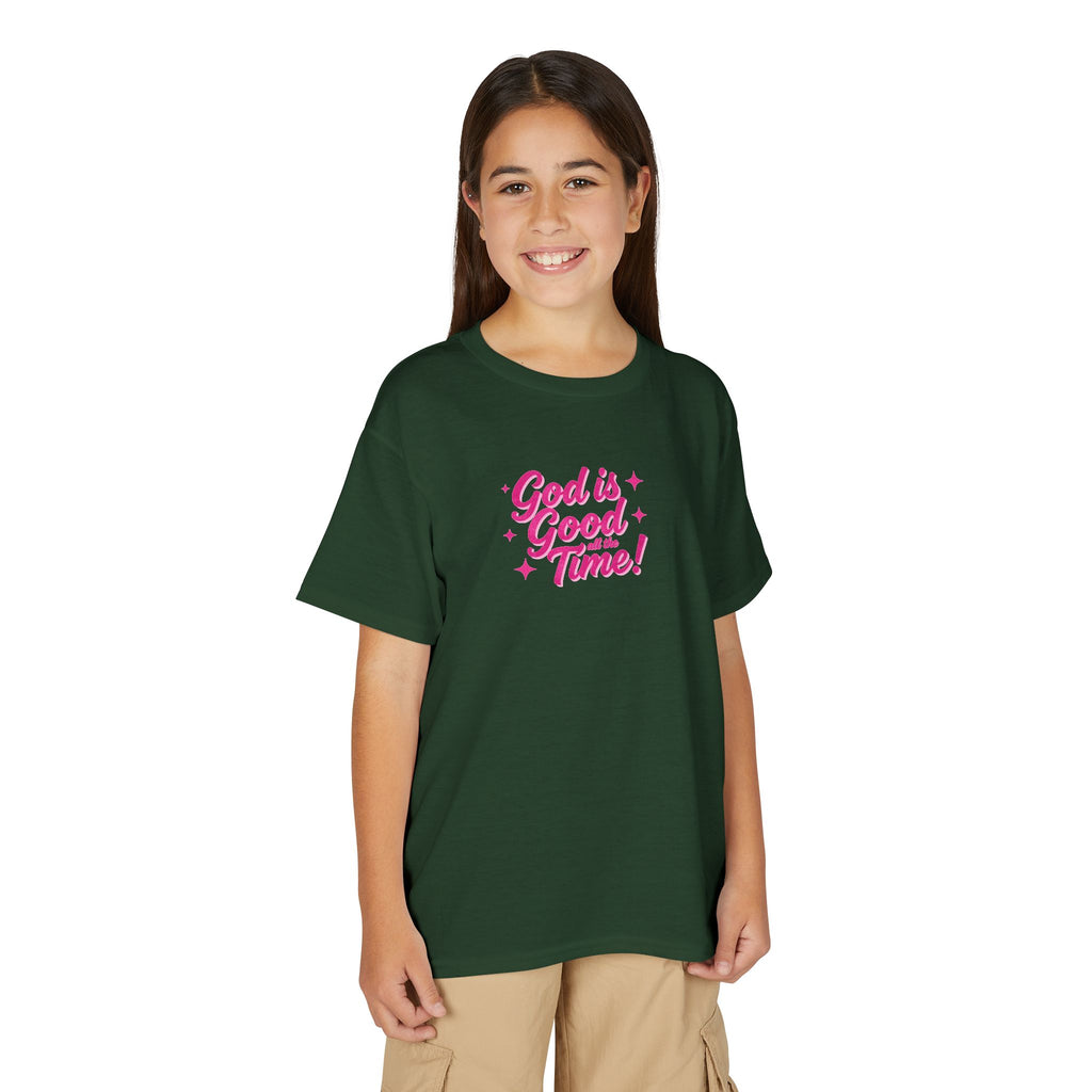 Youth T-Shirt — "God Is Good Time!" Pink Script Faith Tee