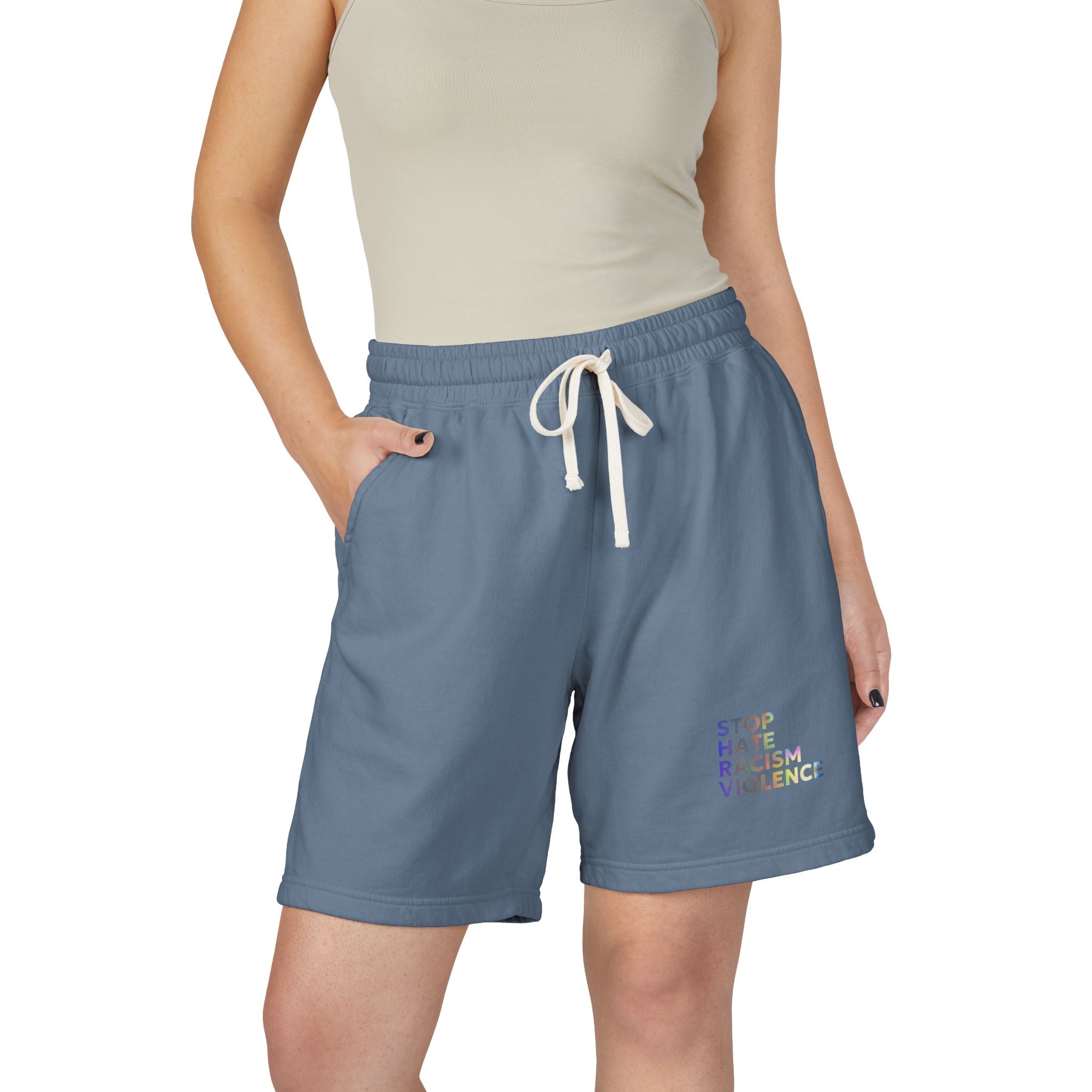 Stop Hate Shorts — Lightweight Fleece Sweat Shorts with "Stop Hate Racism and Violence" Print