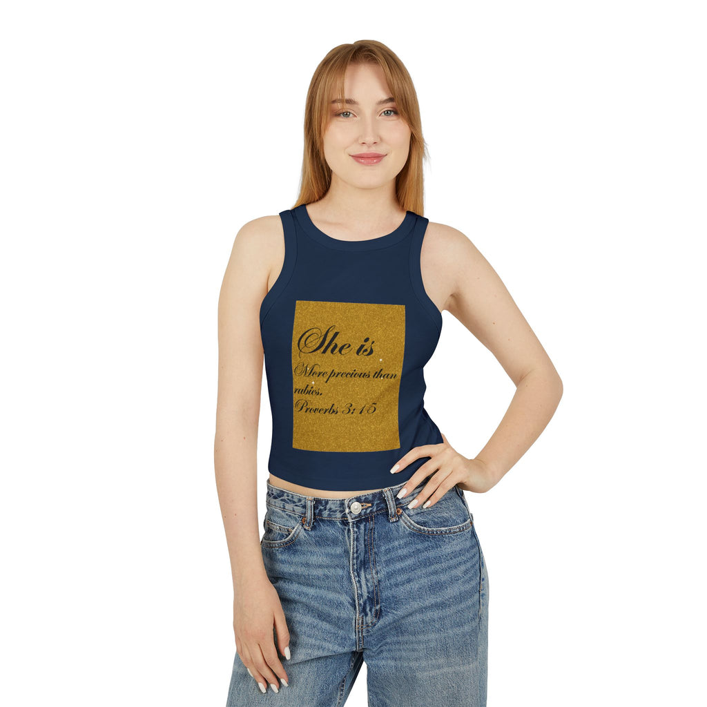 Women's Racer Tank Top — "She is More Precious than Rubies" Proverbs 3:15 Scripture Tank