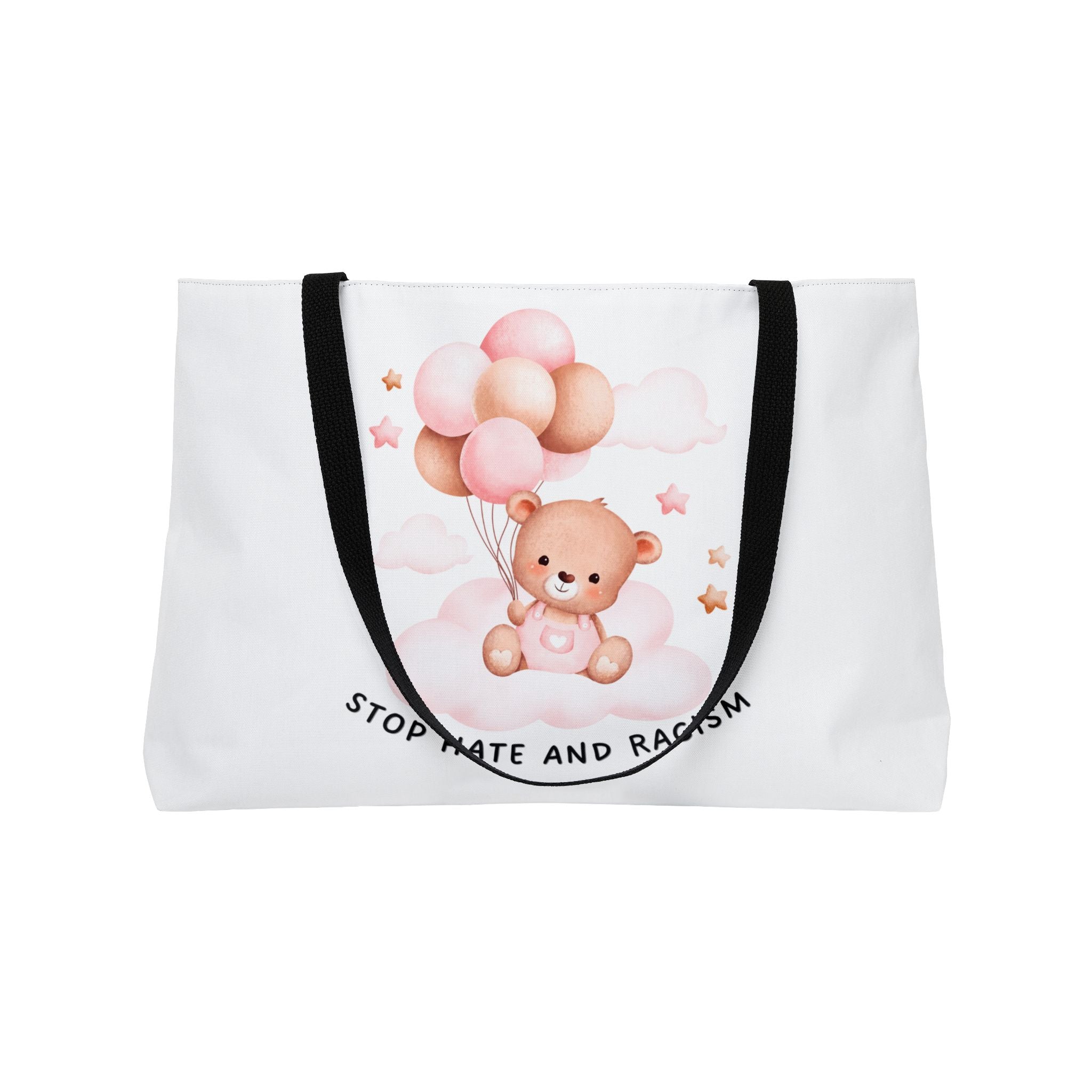 Weekender Tote Bag — Cute Teddy Balloon Design “Stop Hate and Racism”