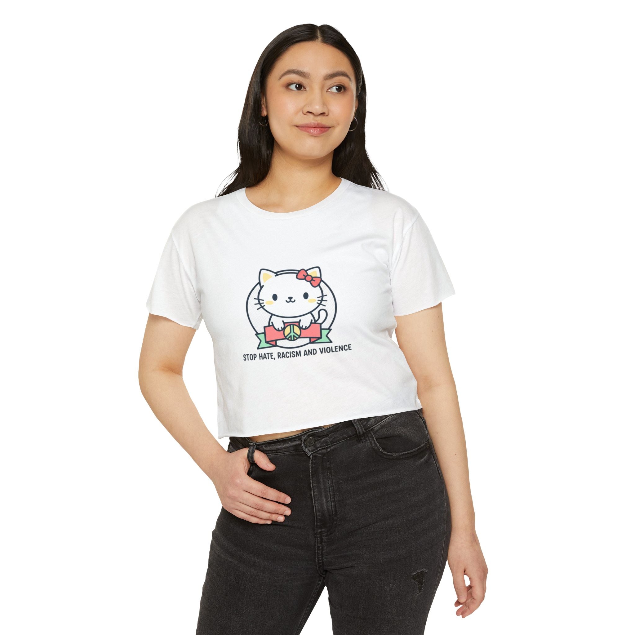 Cute Cat Crop Top — "Stop Hate, Racism and Violence" Festival Tee