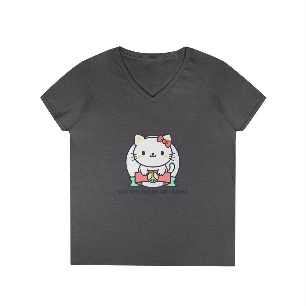 Stop Hate Kitty V-Neck Tee — Cute Anti-Racism Message Shirt