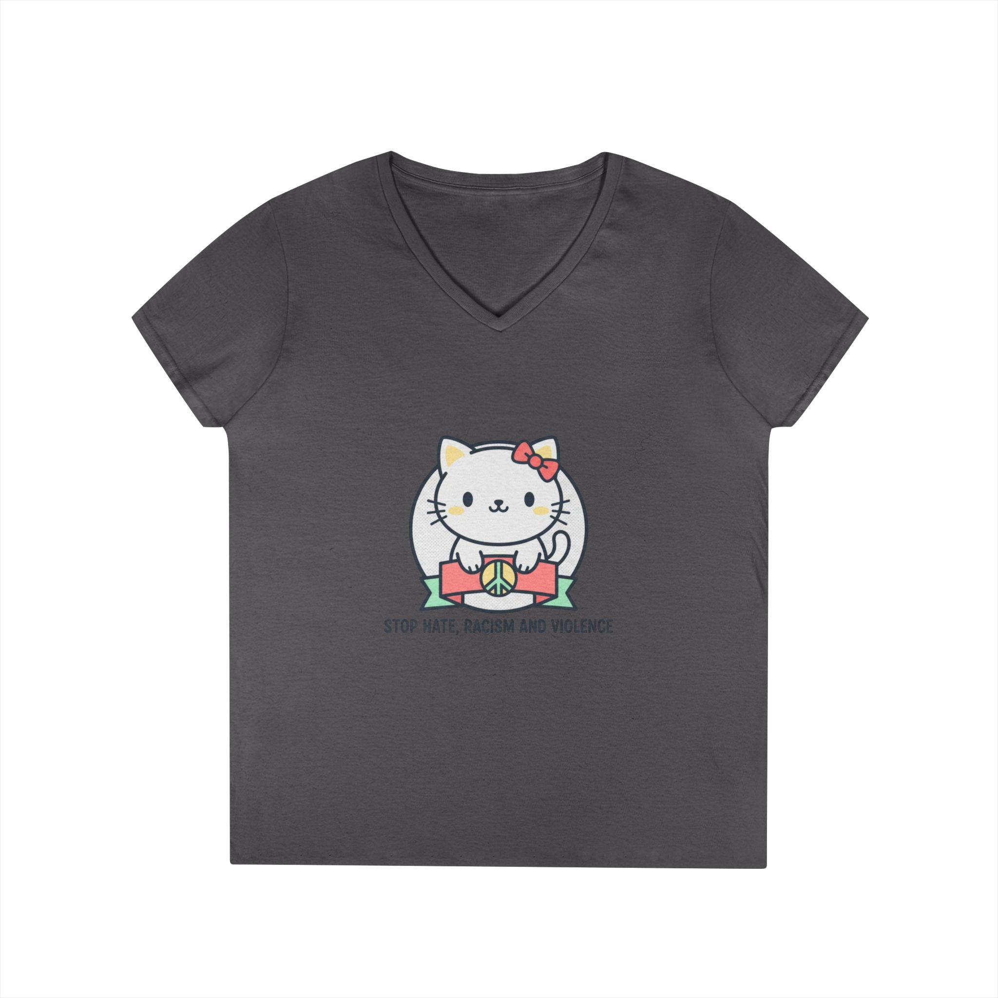 Stop Hate Kitty V-Neck Tee — Cute Anti-Racism Message Shirt