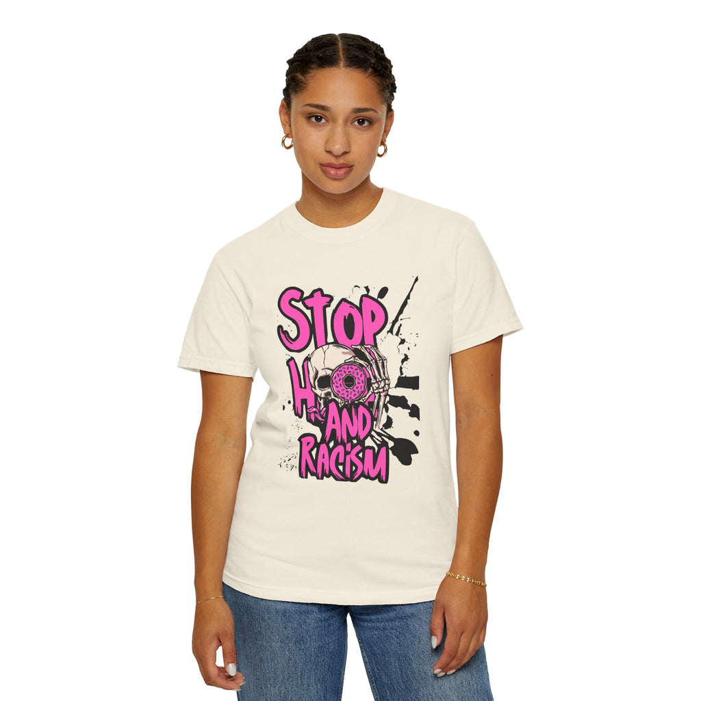 Stop H8 and Racism Graphic Tee — Anti-Racism Skull Donut Protest T-Shirt