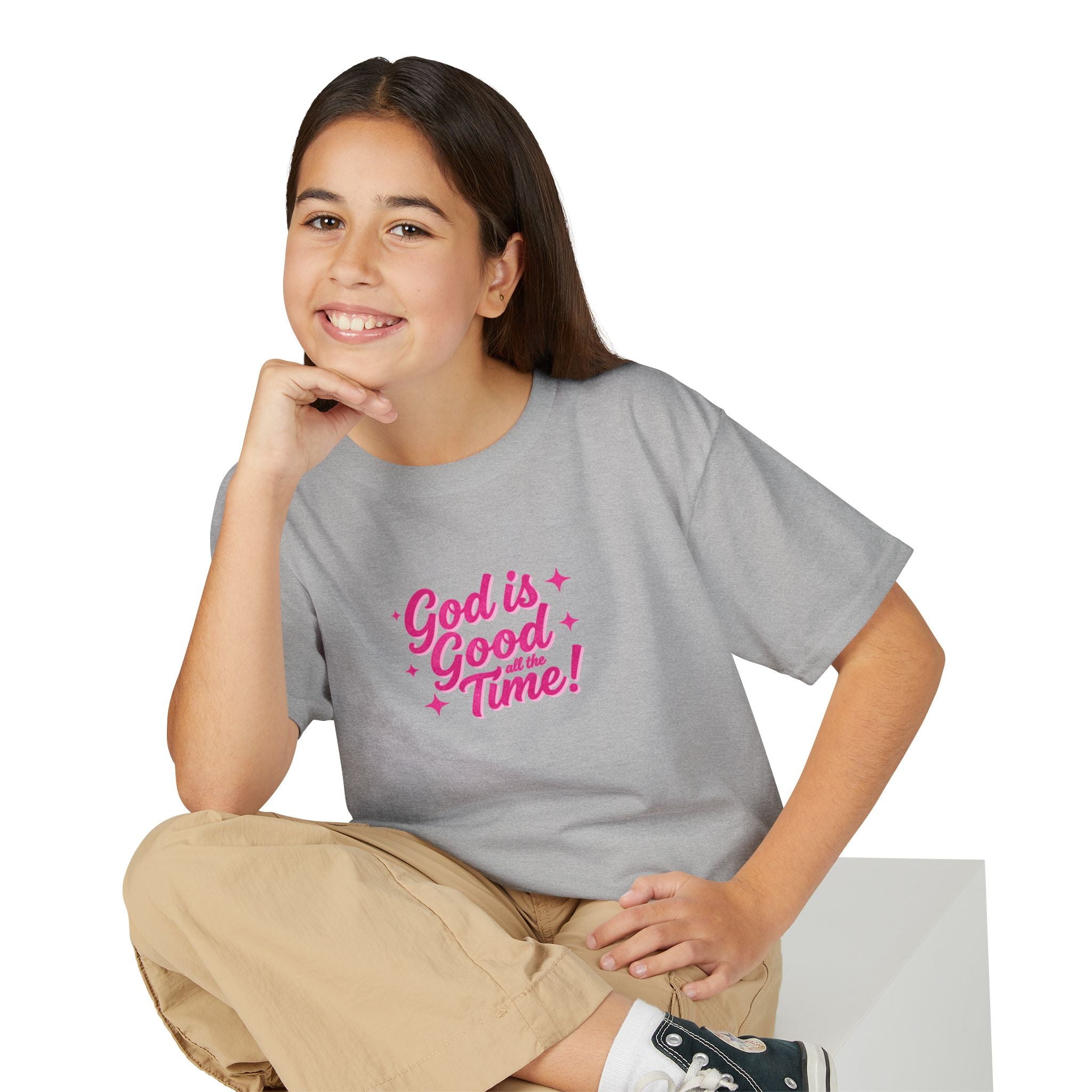 Youth T-Shirt — "God Is Good Time!" Pink Script Faith Tee