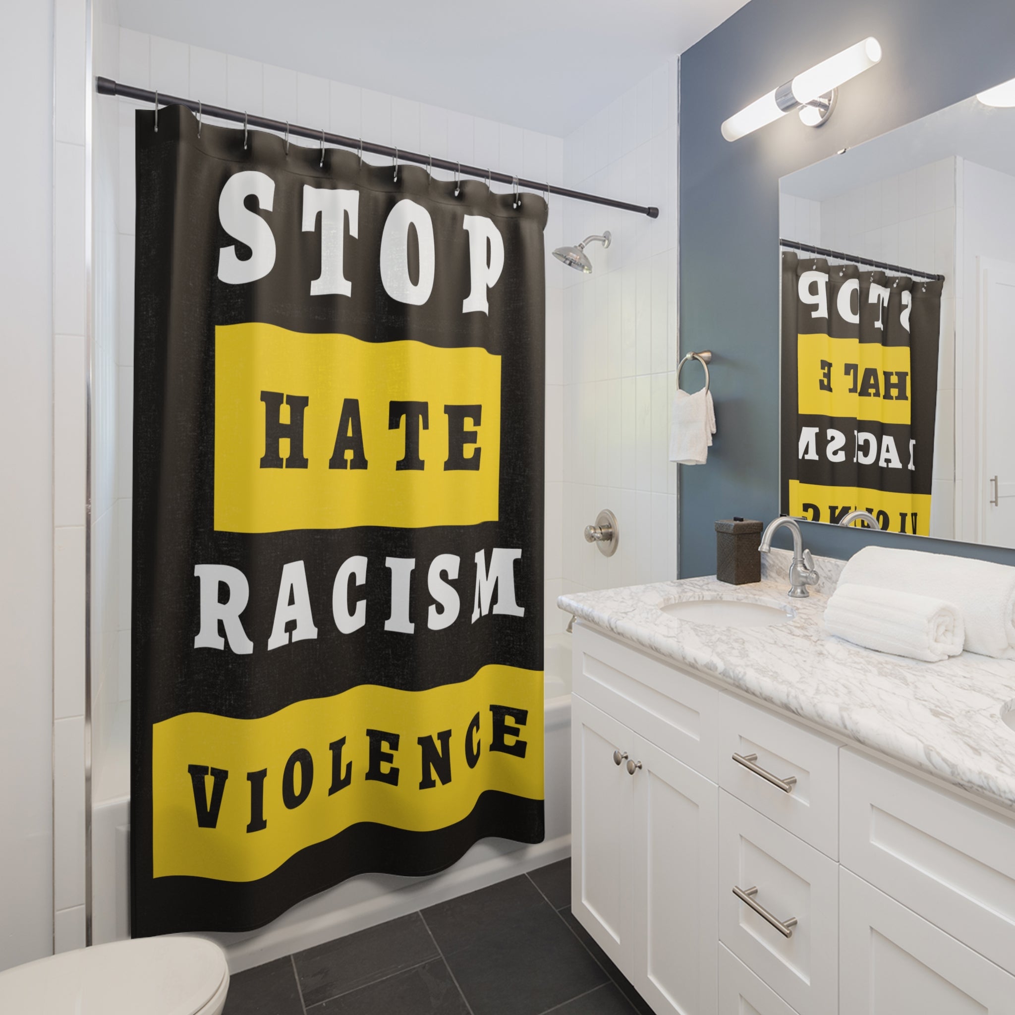 Stop Hate Racism Violence Shower Curtain — Anti-Racism Protest Bathroom Decor