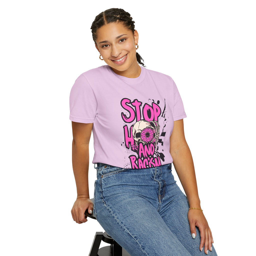 Stop H8 and Racism Graphic Tee — Anti-Racism Skull Donut Protest T-Shirt