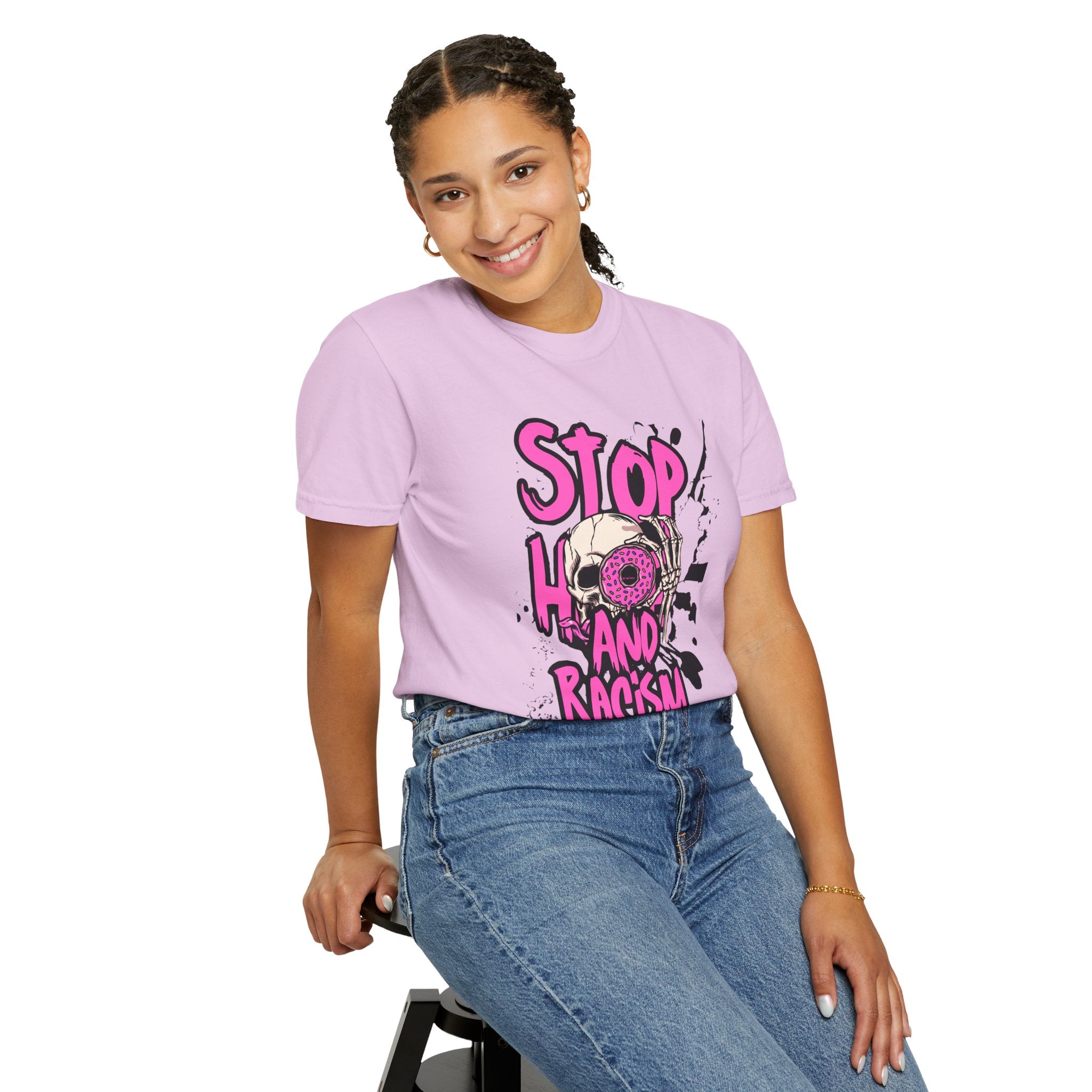 Stop H8 and Racism Graphic Tee — Anti-Racism Skull Donut Protest T-Shirt
