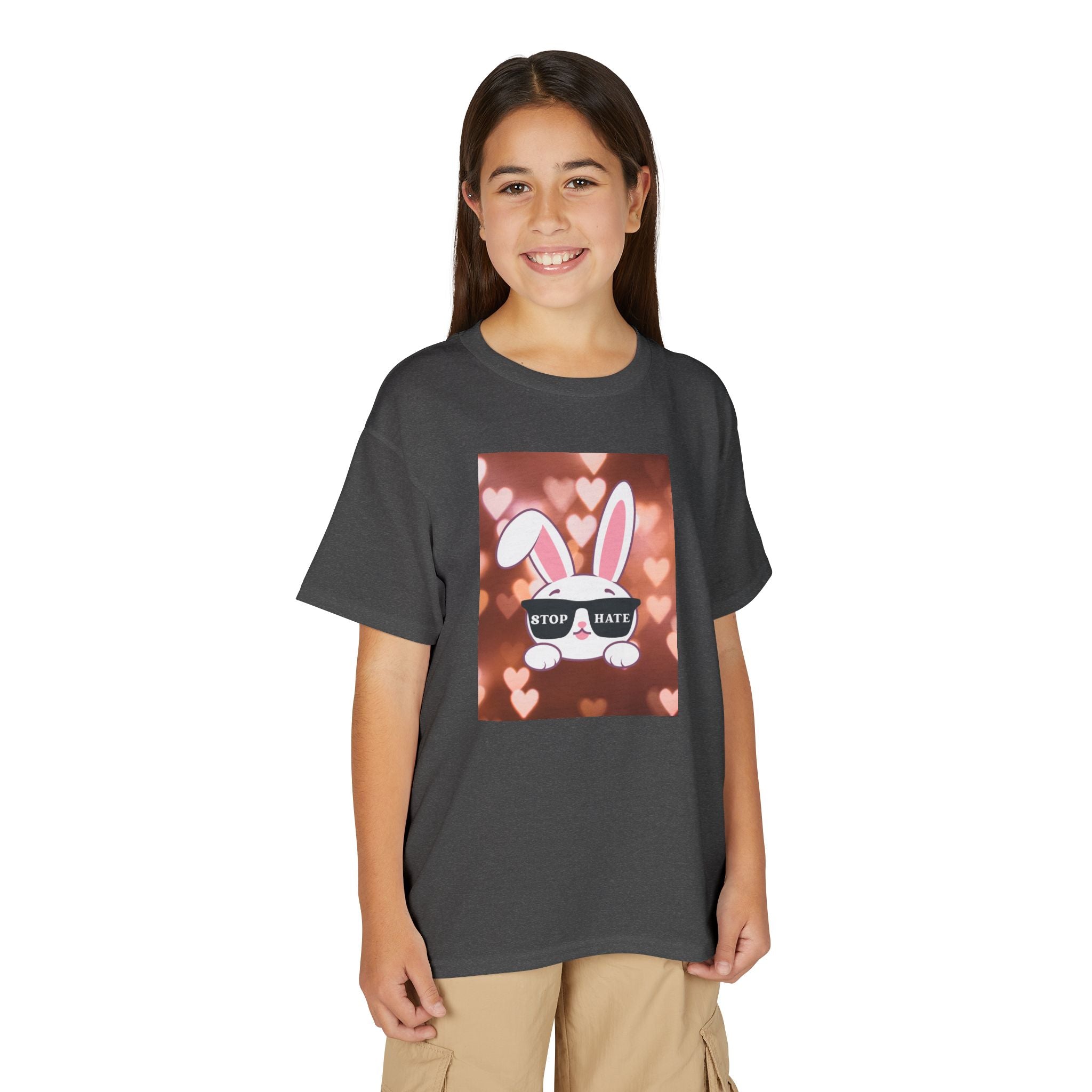 Youth T-Shirt — Cute Bunny with 'Stop the Hate' Sunglasses | Kids Anti-Bullying Tee