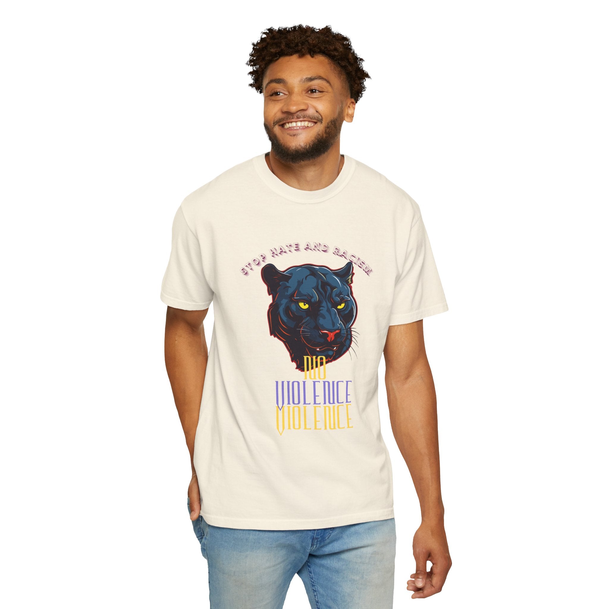 No Violence Panther T-Shirt — Graphic Animal Tee with 'No Violence' Text