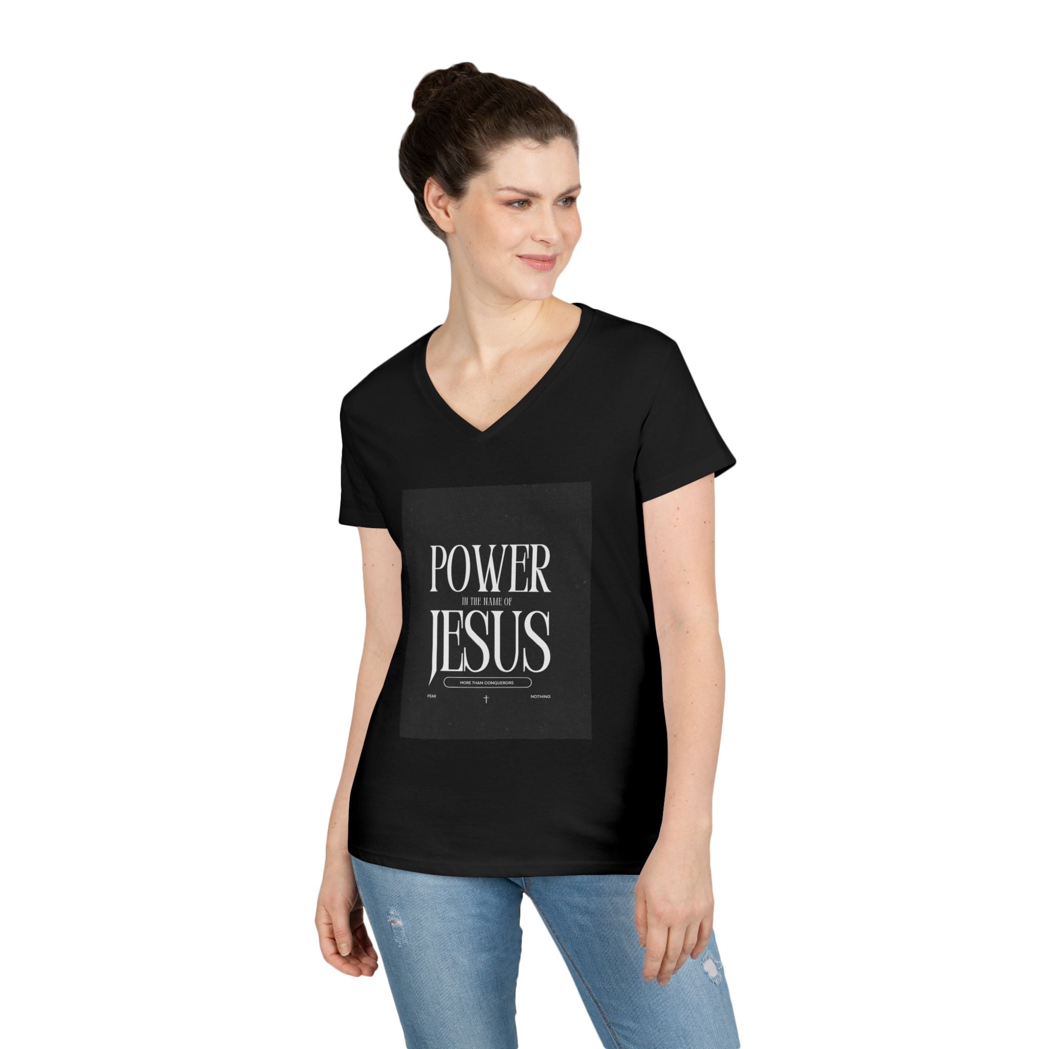 Power of Jesus Ladies' V-Neck T-Shirt — Inspirational Christian Faith Tee