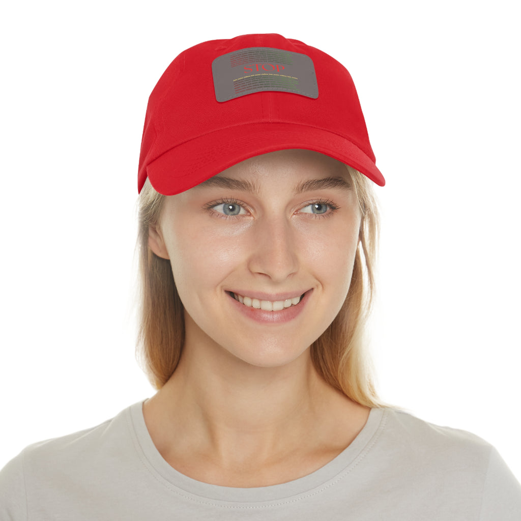 Leather Patch Dad Hat — 'STOP' Embossed Casual Baseball Cap