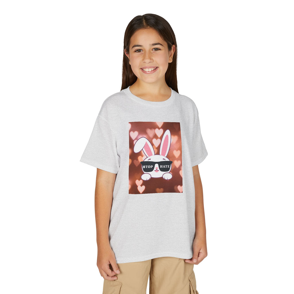 Youth T-Shirt — Cute Bunny with 'Stop the Hate' Sunglasses | Kids Anti-Bullying Tee