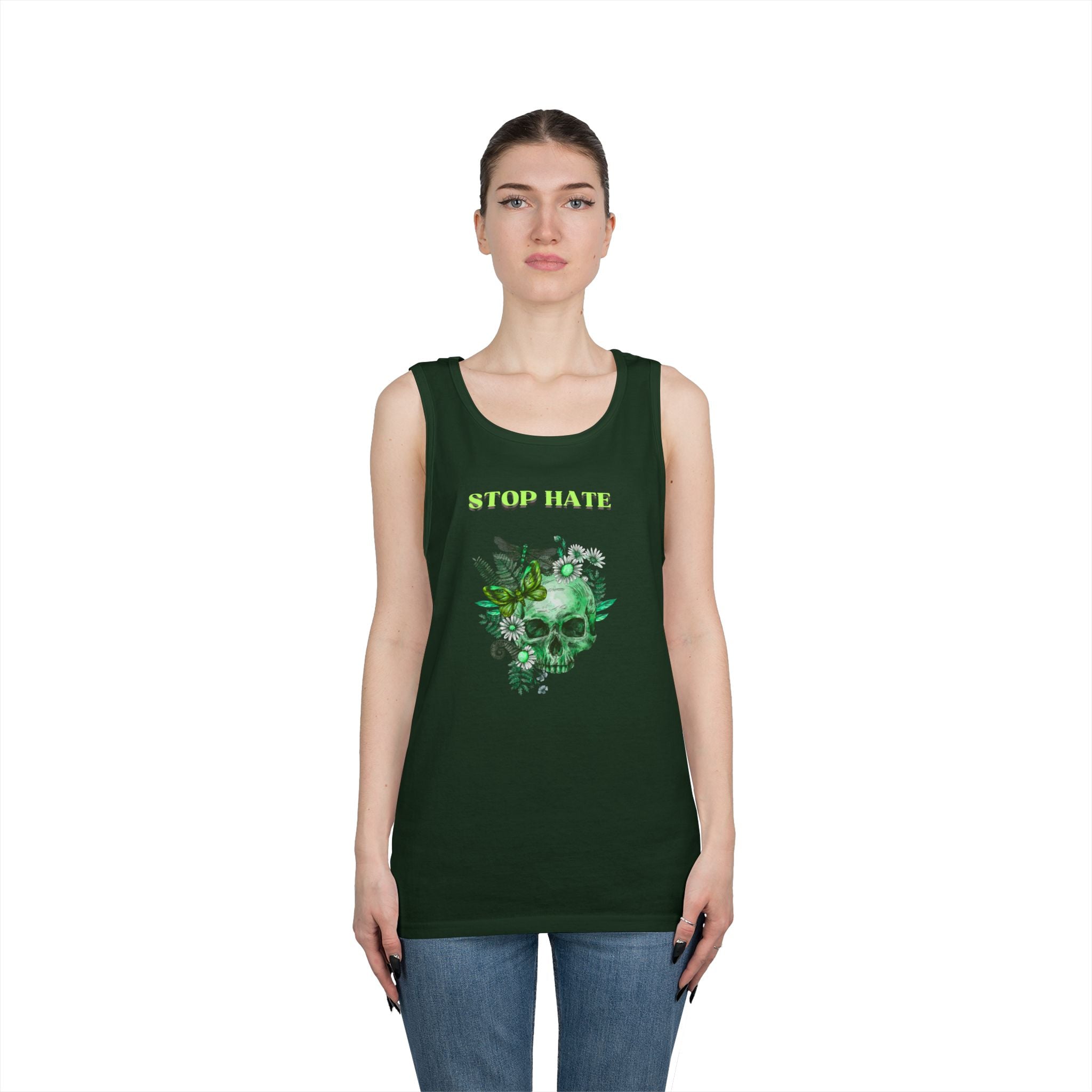 Stop Hate Skull Tank — Green Floral Skull Tank Top