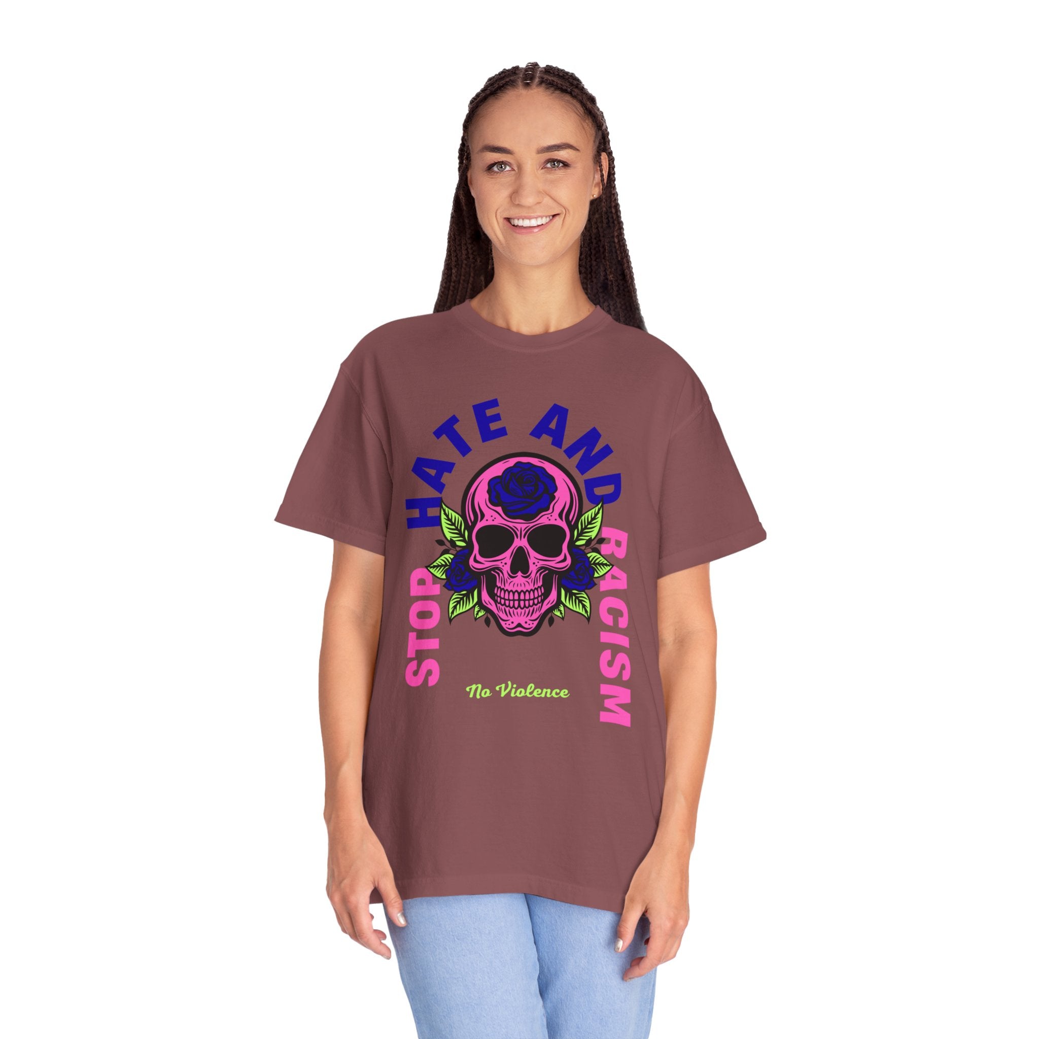 Stop Hate and Racism Skull T-Shirt — Anti-Racism Statement Tee