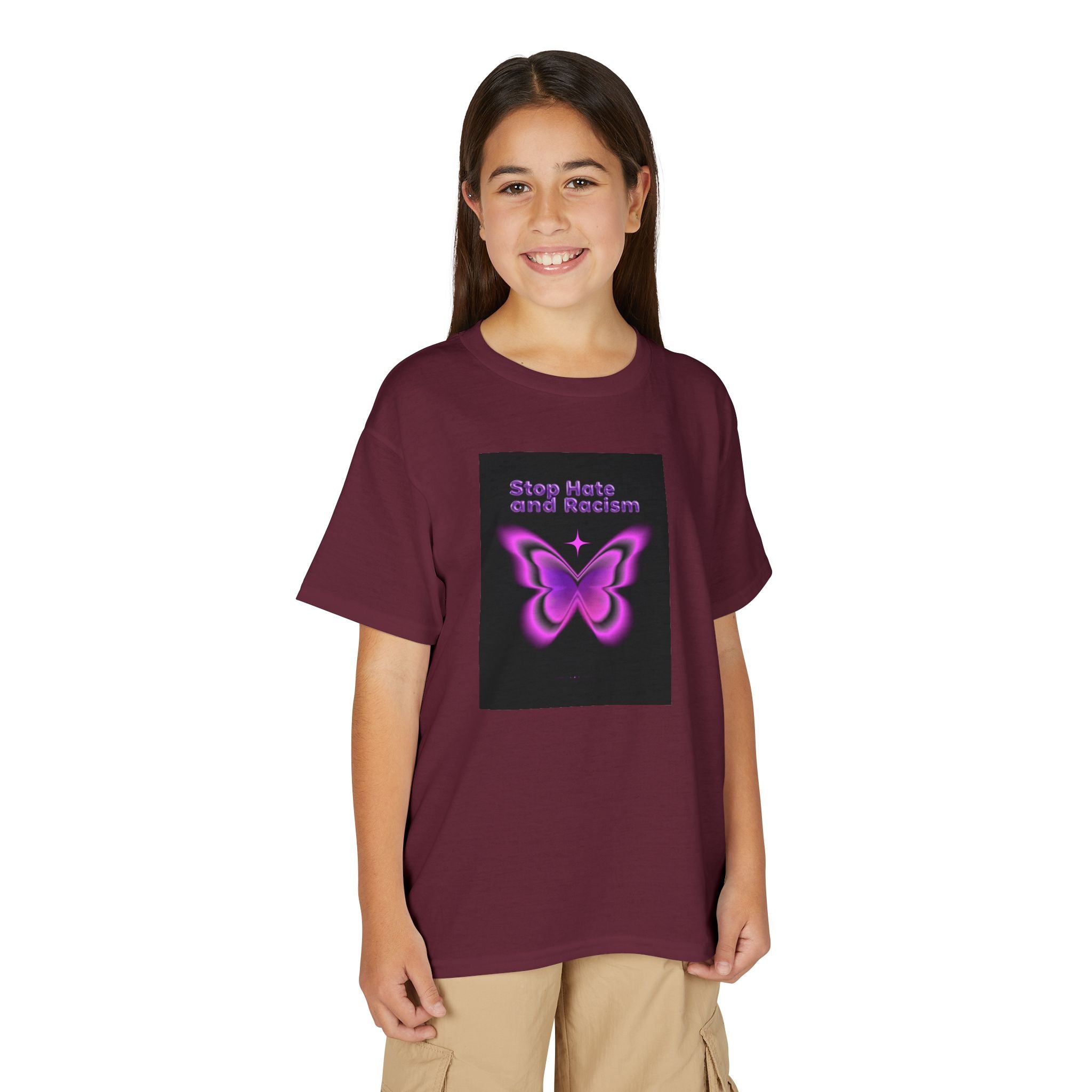 Youth T-Shirt — "Stop Hate and Racism" Pink Butterfly Anti-Racism Tee