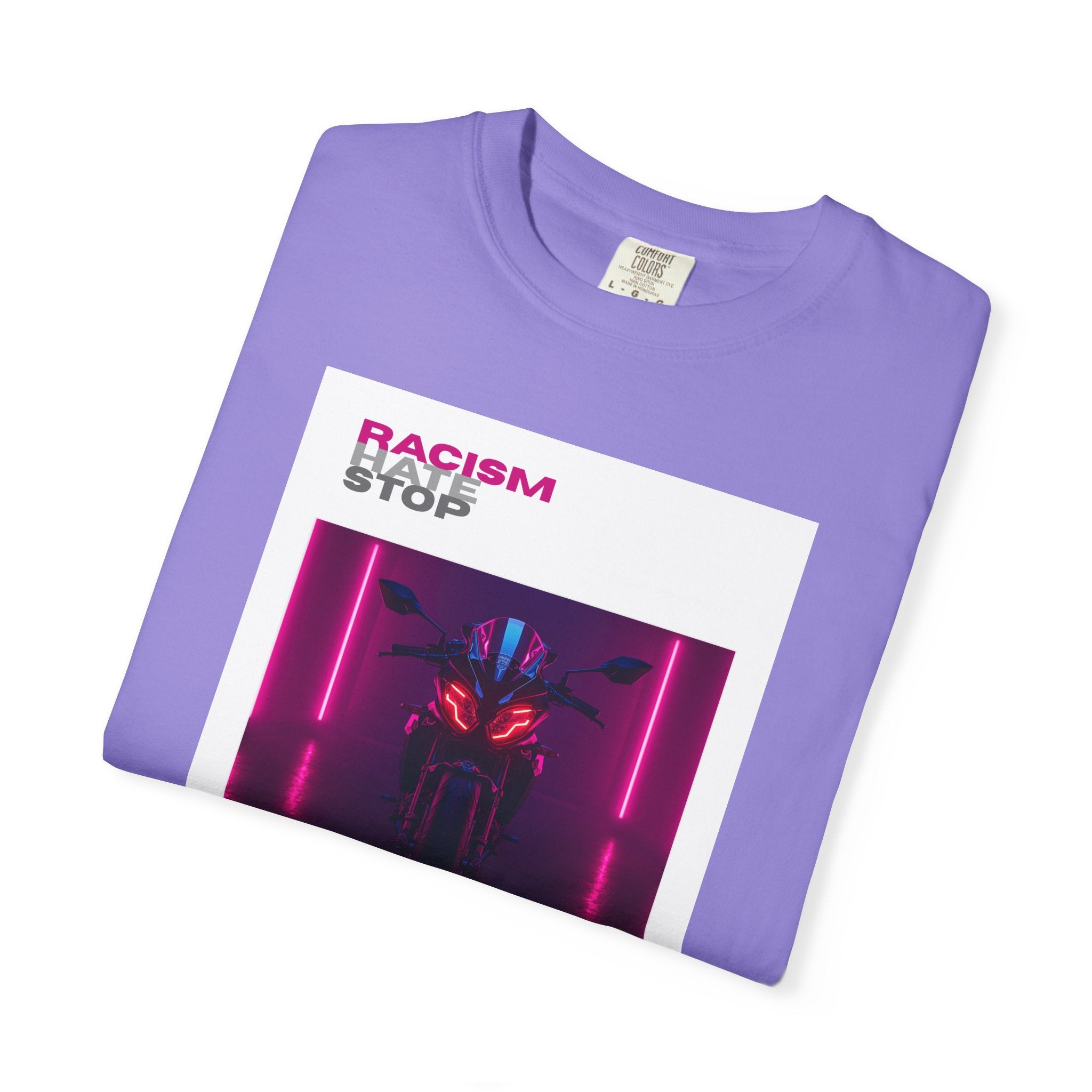 Anti-Racism Graphic T-Shirt — “Racism Stop” Neon Robot Design