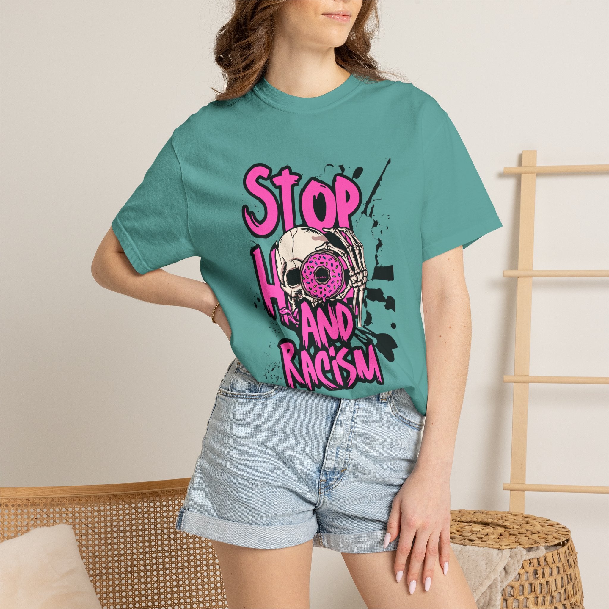 Stop H8 and Racism Graphic Tee — Anti-Racism Skull Donut Protest T-Shirt