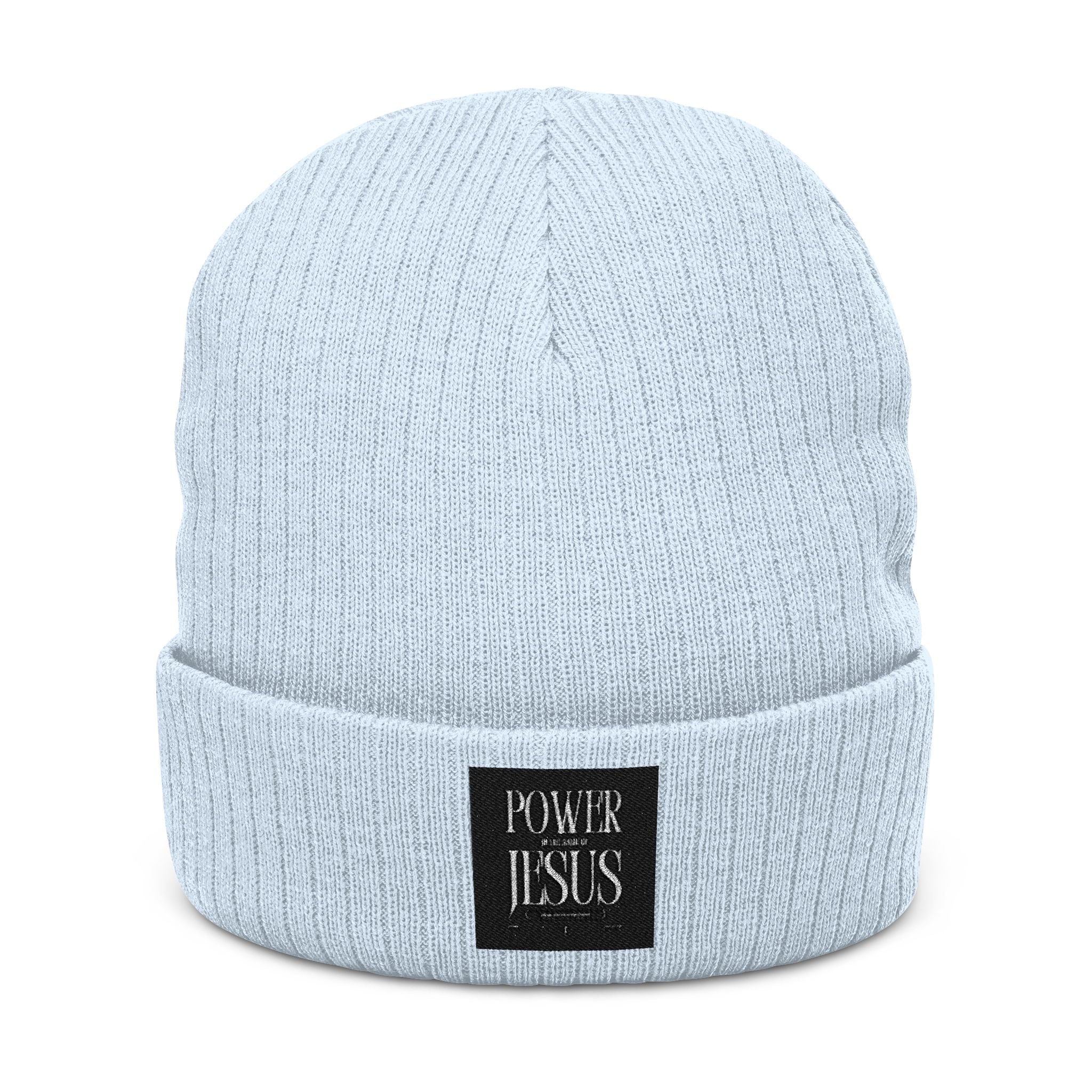 Embroidered "POWR JESUS" Ribbed Beanie — Cozy Christian Knit Hat