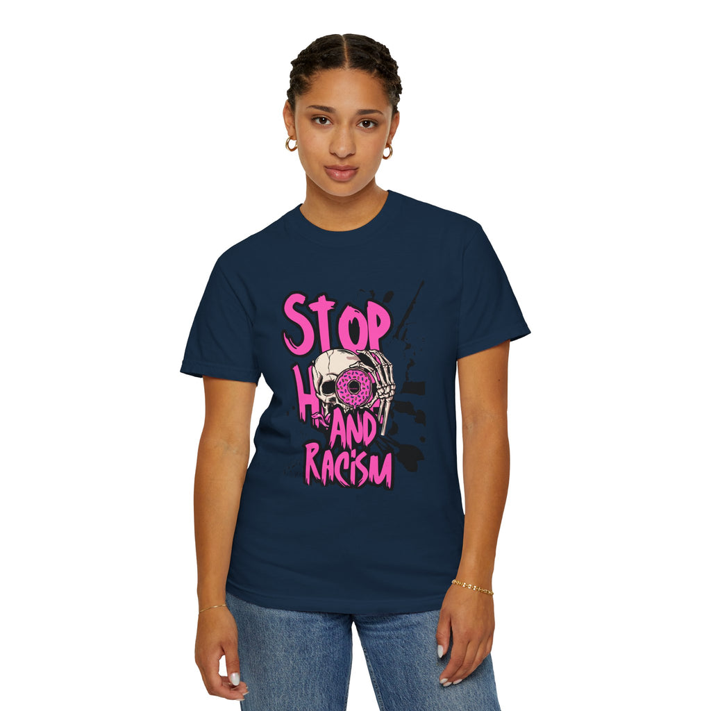 Stop H8 and Racism Graphic Tee — Anti-Racism Skull Donut Protest T-Shirt