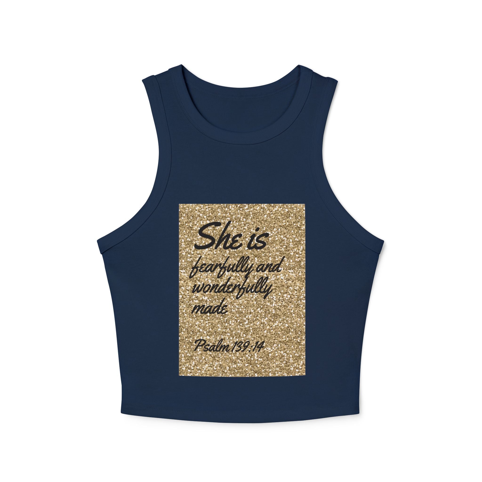 Racer Tank — "She is fearfully and wonderfully made" Gold Psalm 139:14 Inspirational Tank