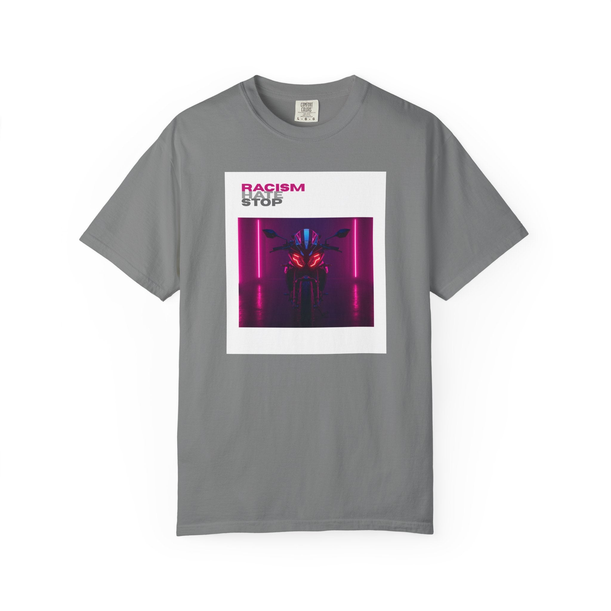 Anti-Racism Graphic T-Shirt — “Racism Stop” Neon Robot Design