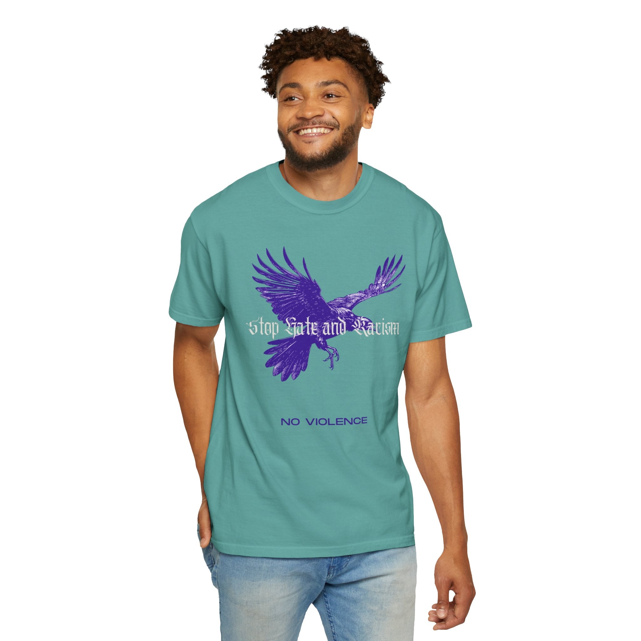 No Violence Raven T-Shirt — Purple Flying Crow Graphic Tee