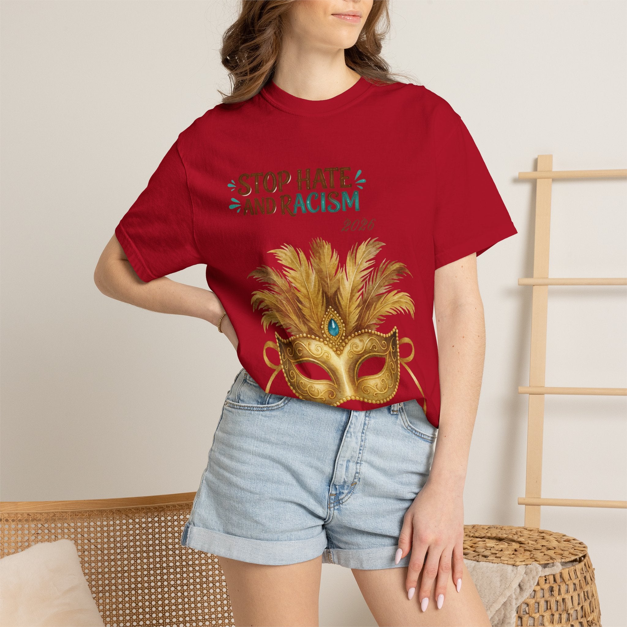 Stop Hate and Racism T-Shirt — Mardi Gras Mask Anti-Racism Tee