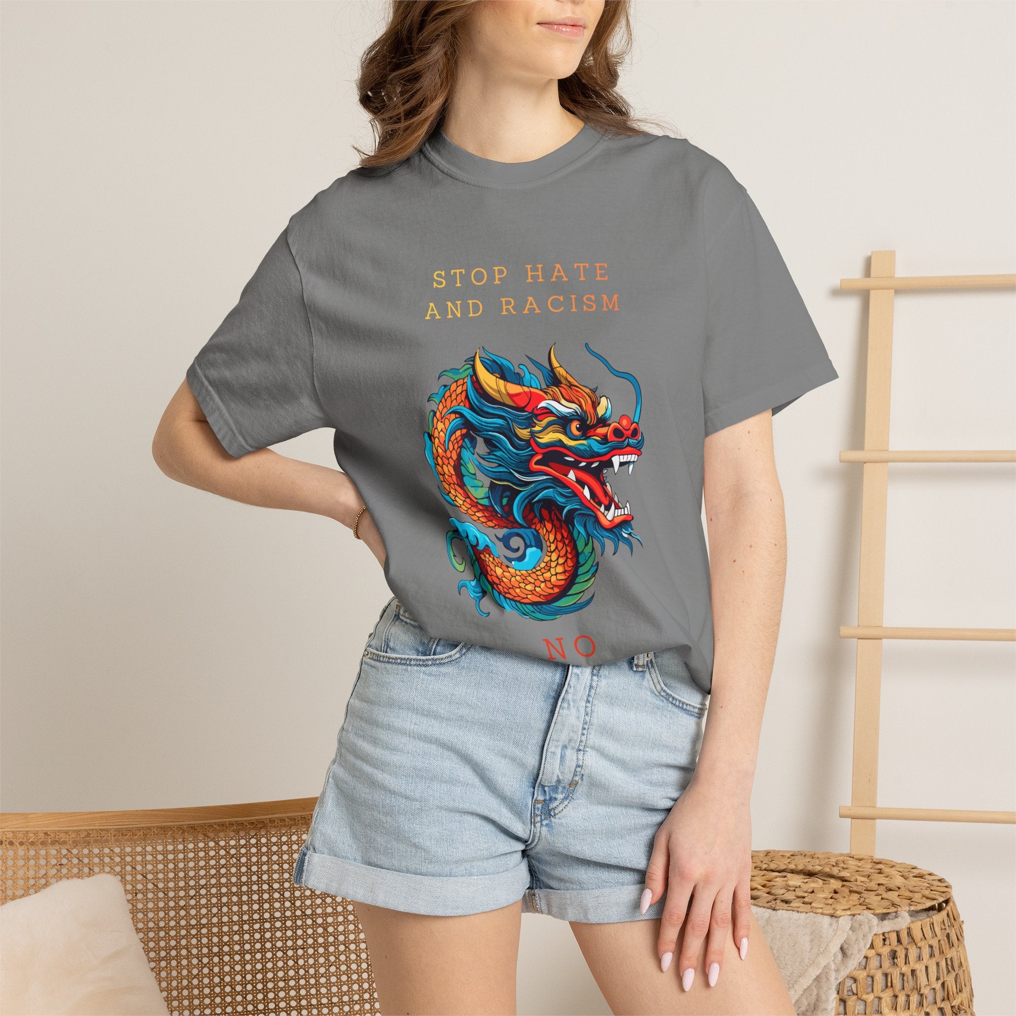 T-Shirt — 'Stop Hate and Racism, No Violence' Dragon Graphic Tee