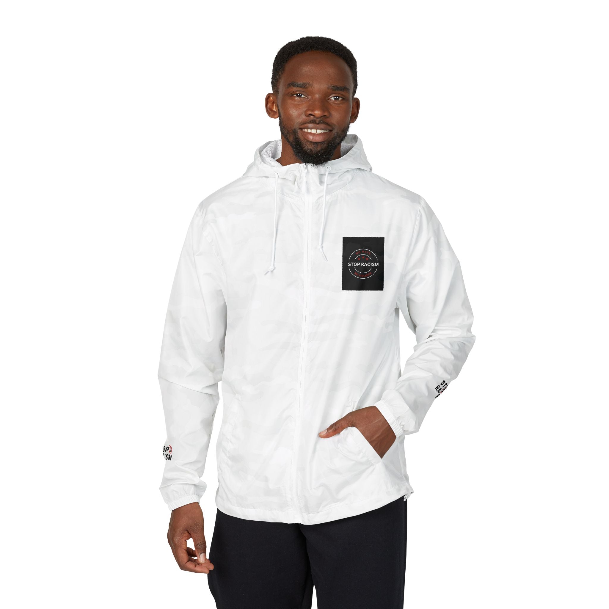 Windbreaker Jacket — Minimal White Camo Hooded Windbreaker with Small Chest Patch & Sleeve Logos