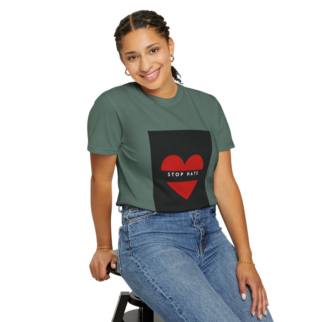 Stop Hate Heart T-Shirt — Red Heart Graphic Tee for Anti-Hate Awareness