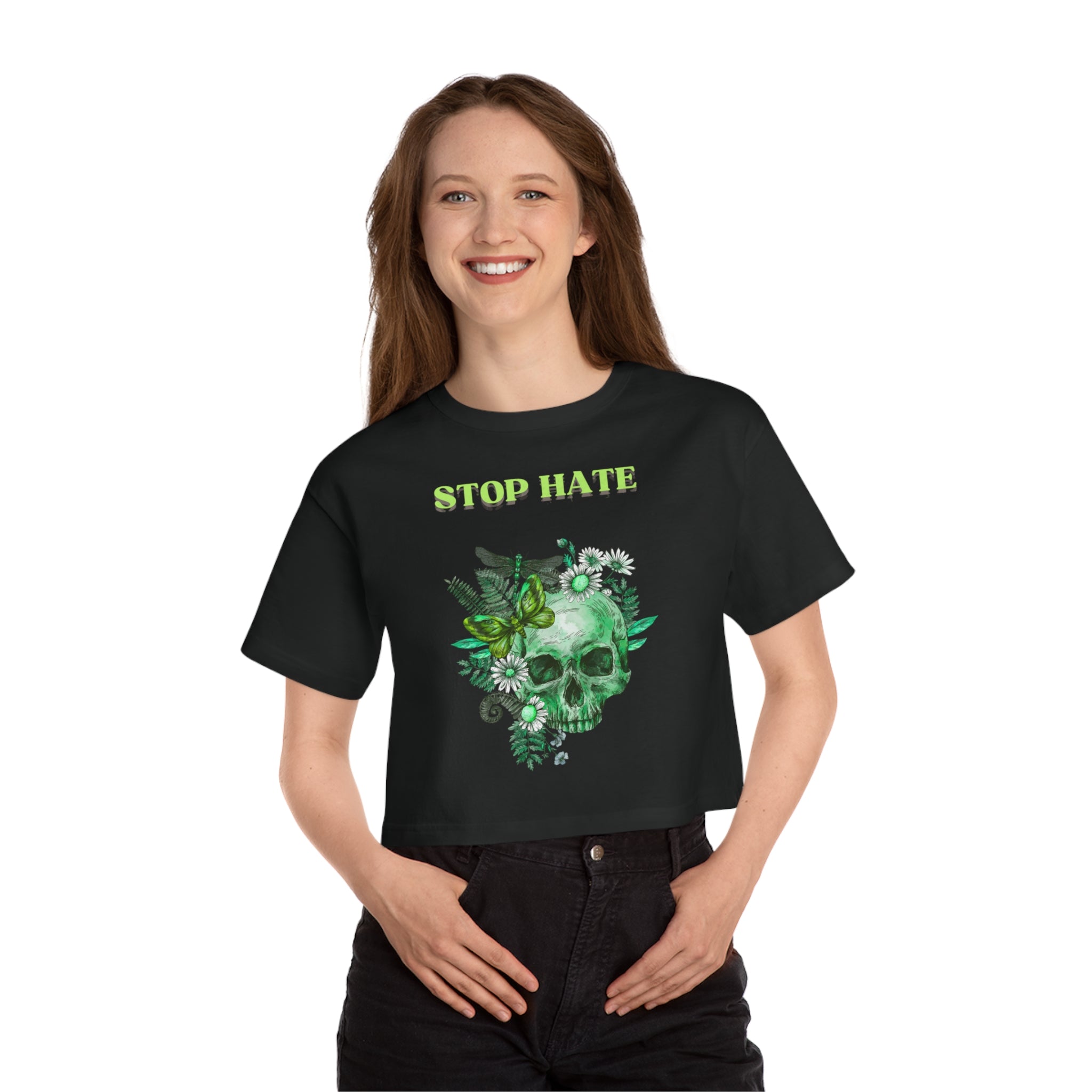 Stop Hate Skull Crop Tee — Women's Green Floral Peace Graphic